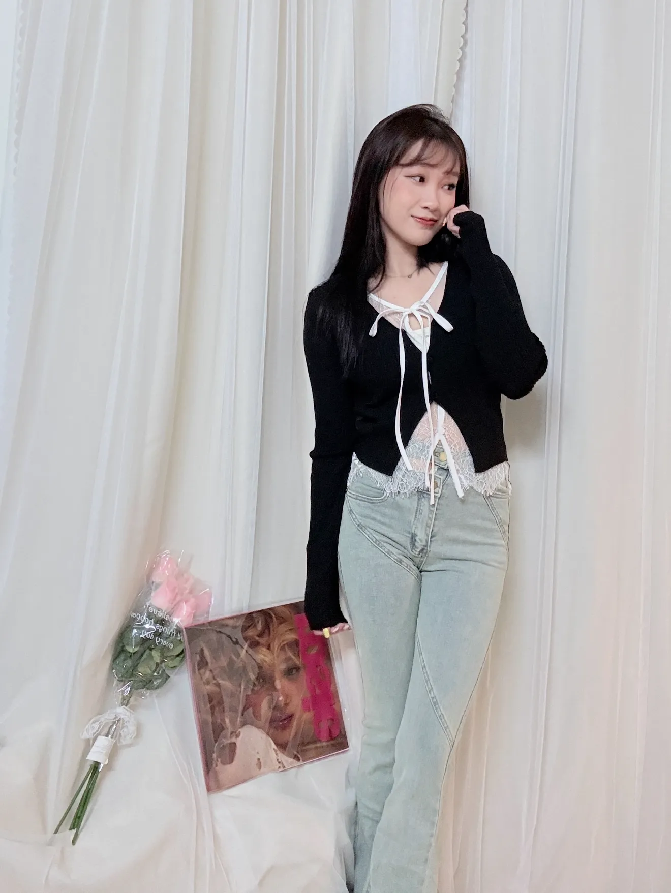 Threads爆紅-假兩件蕾絲拼接針織開衫氛圍感上衣