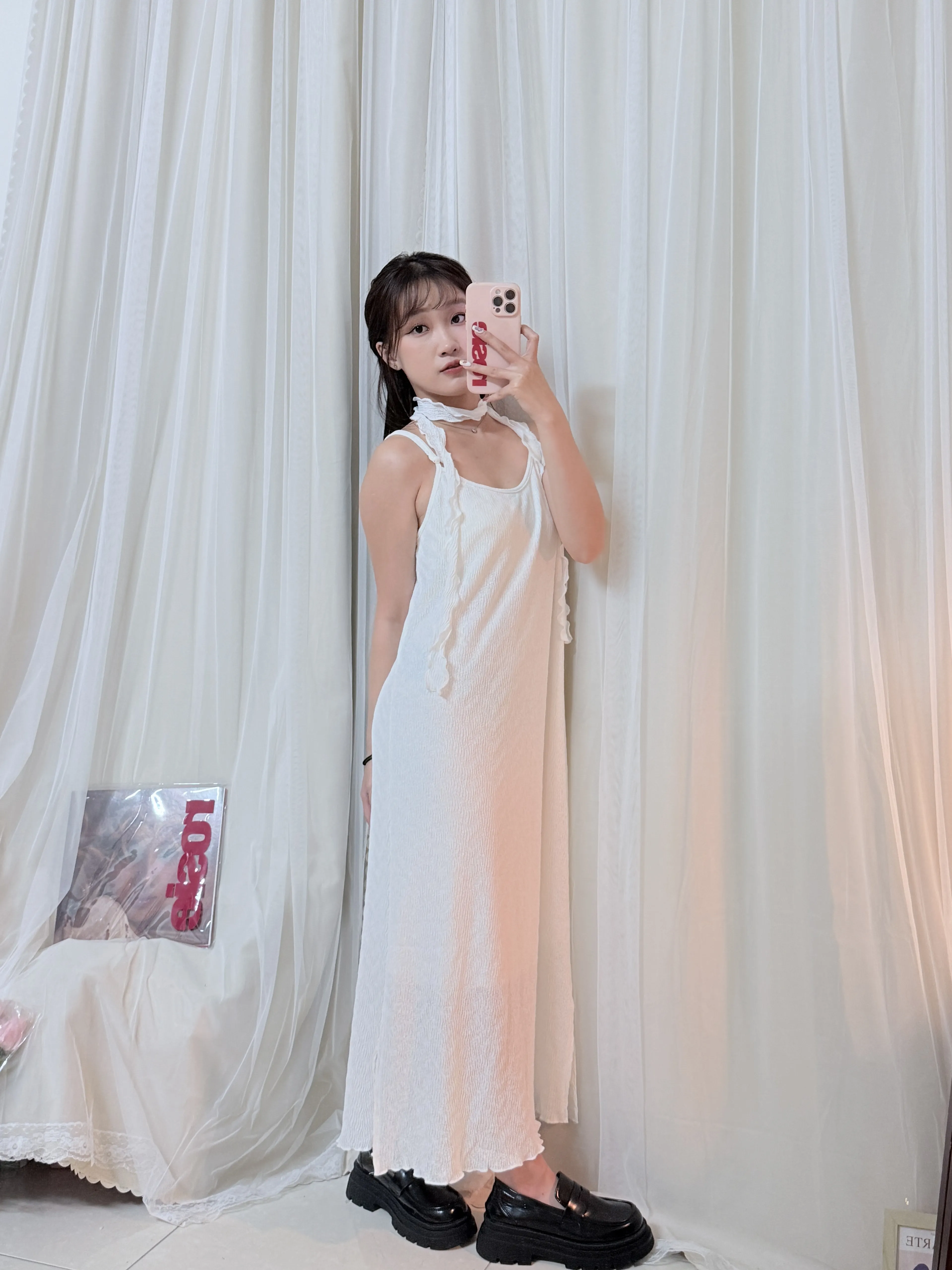 仙女必備-細肩捲捲絲帶水波紋洋裝