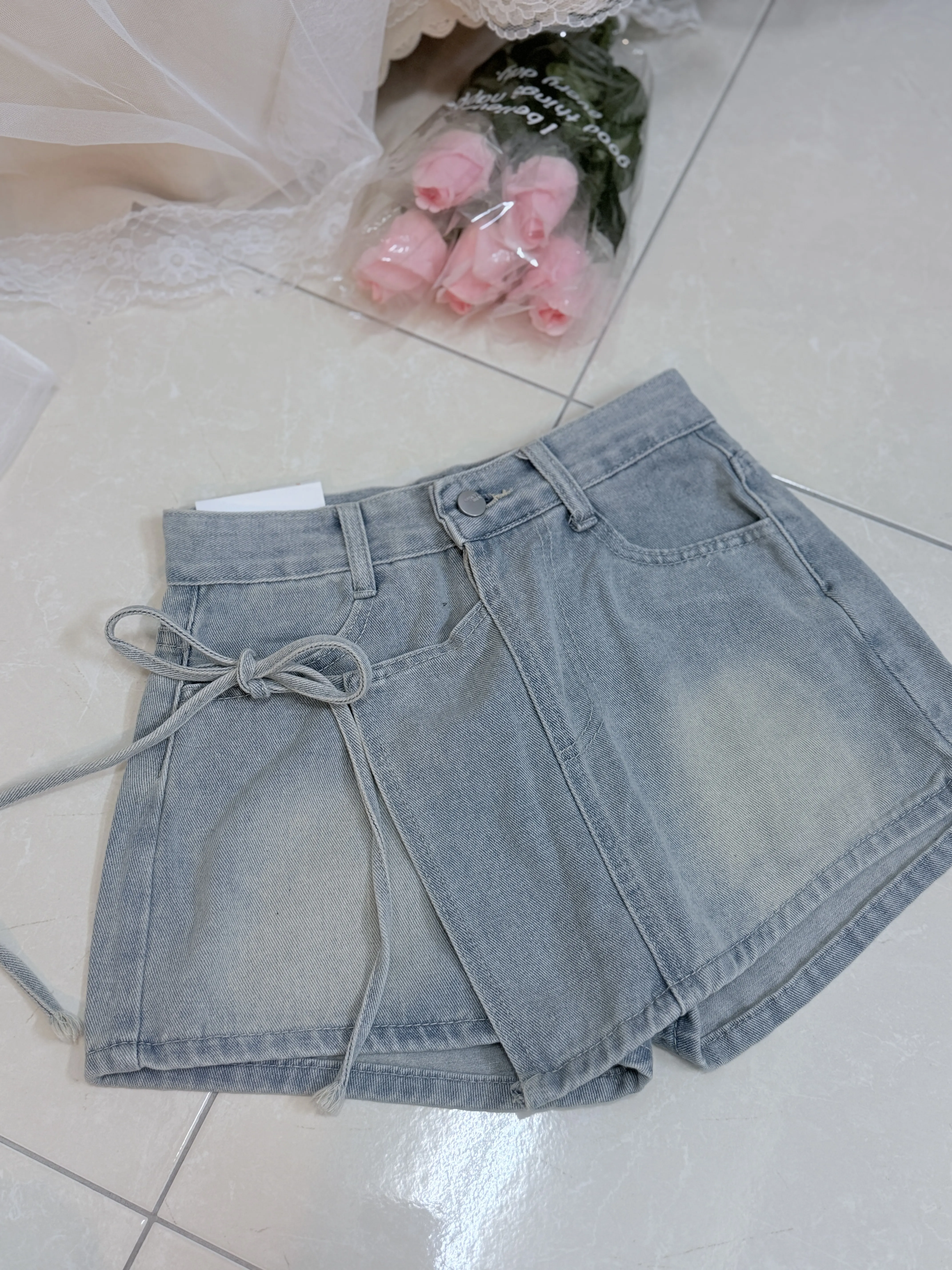 百搭仔裙-高腰綁帶不規則A字牛仔裙