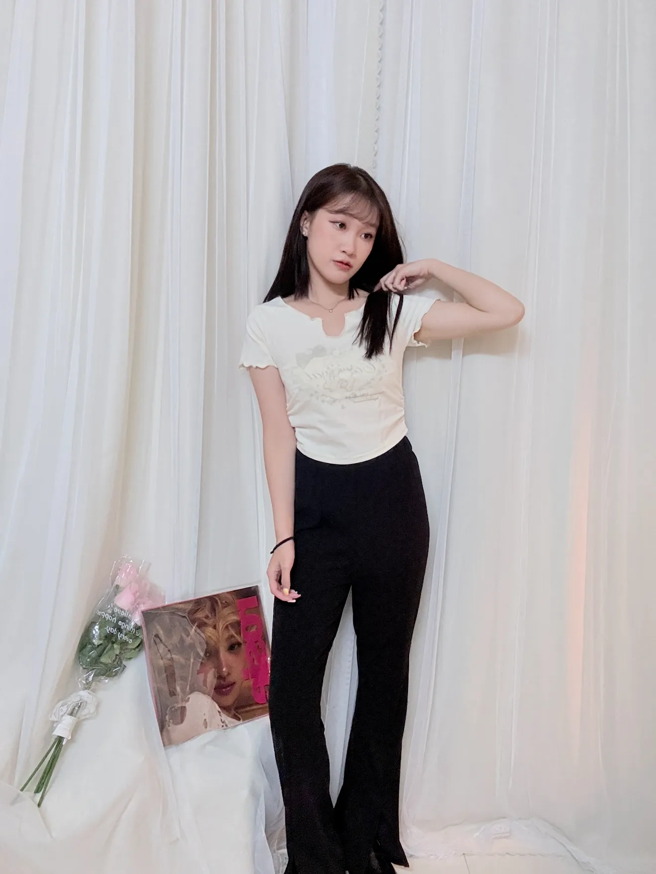 超級顯瘦-開衩微喇叭長褲