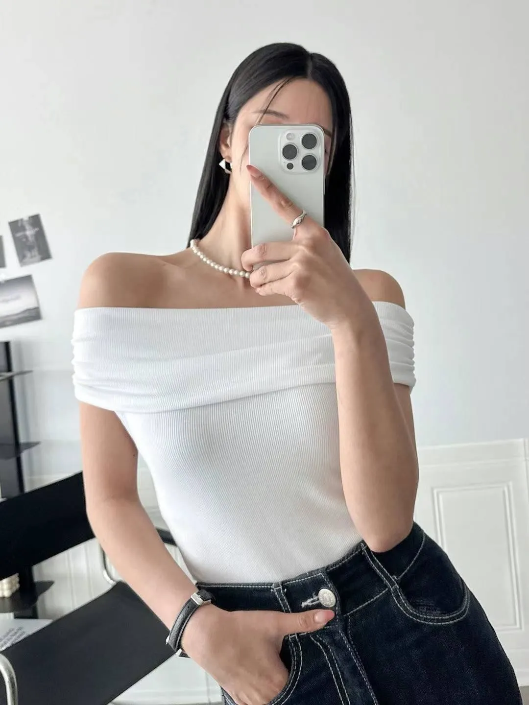 正韓一字領修身顯瘦上衣