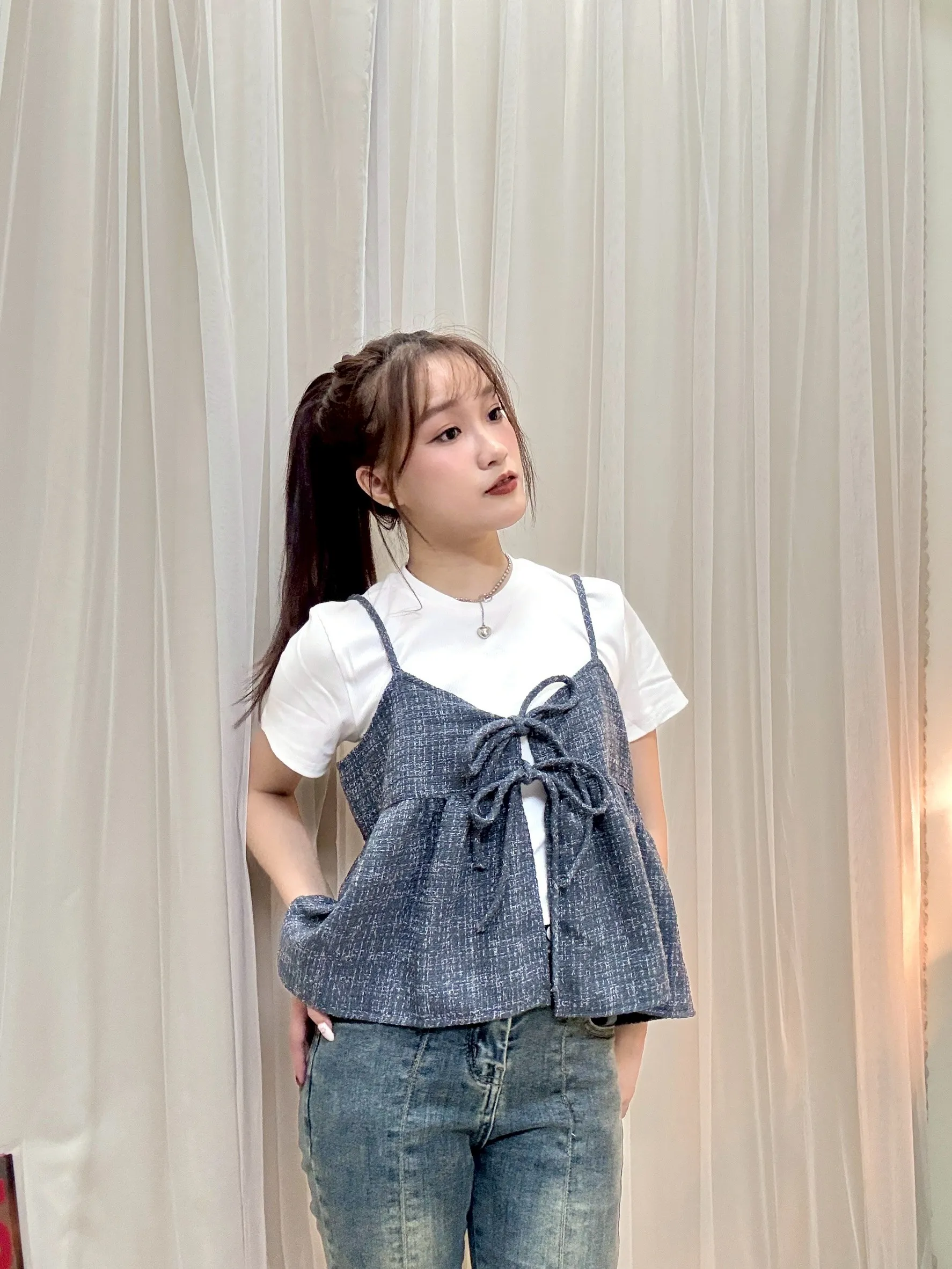 日系疊穿-細肩小香格紋雙綁帶背心