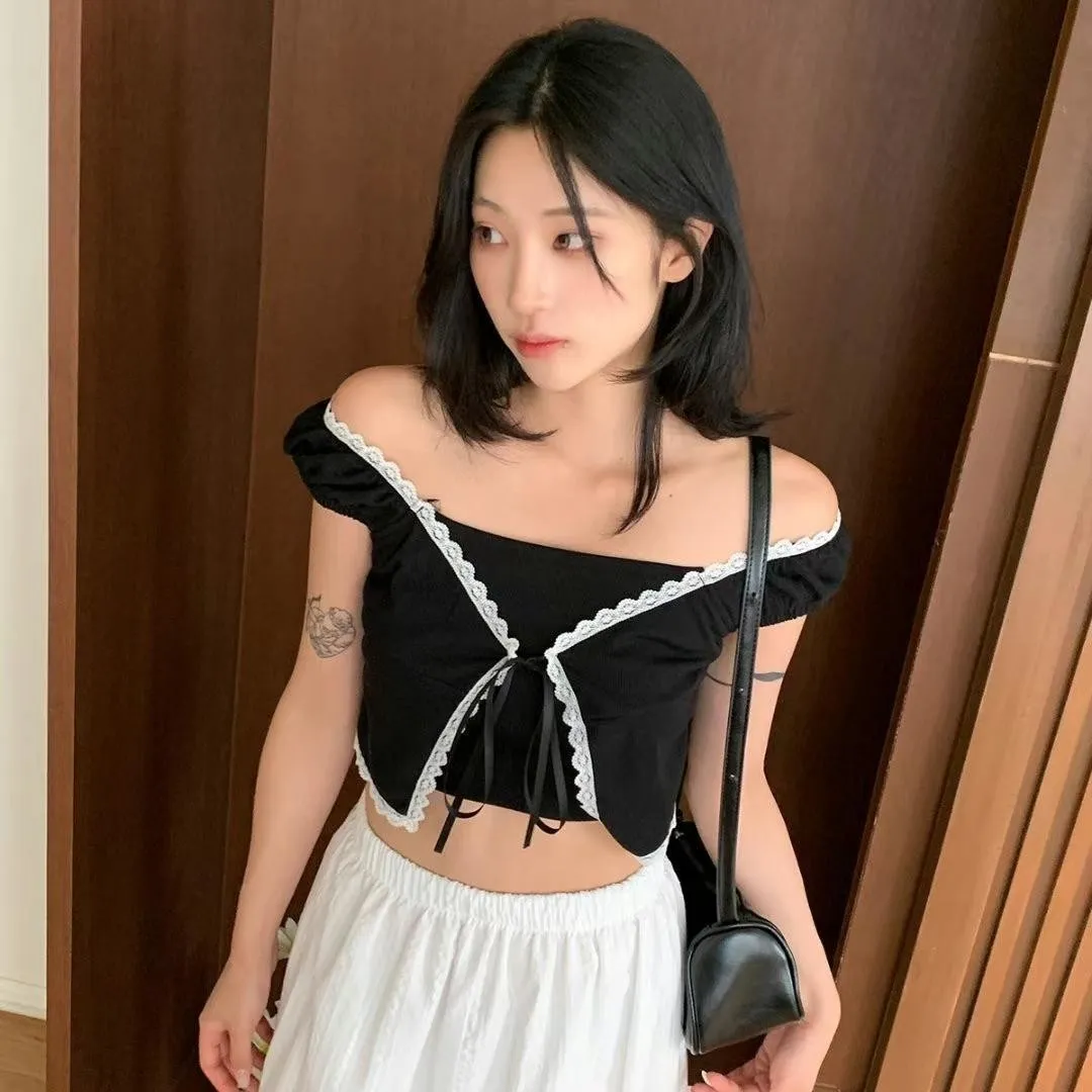 正韓蕾絲邊綁帶短袖罩衫