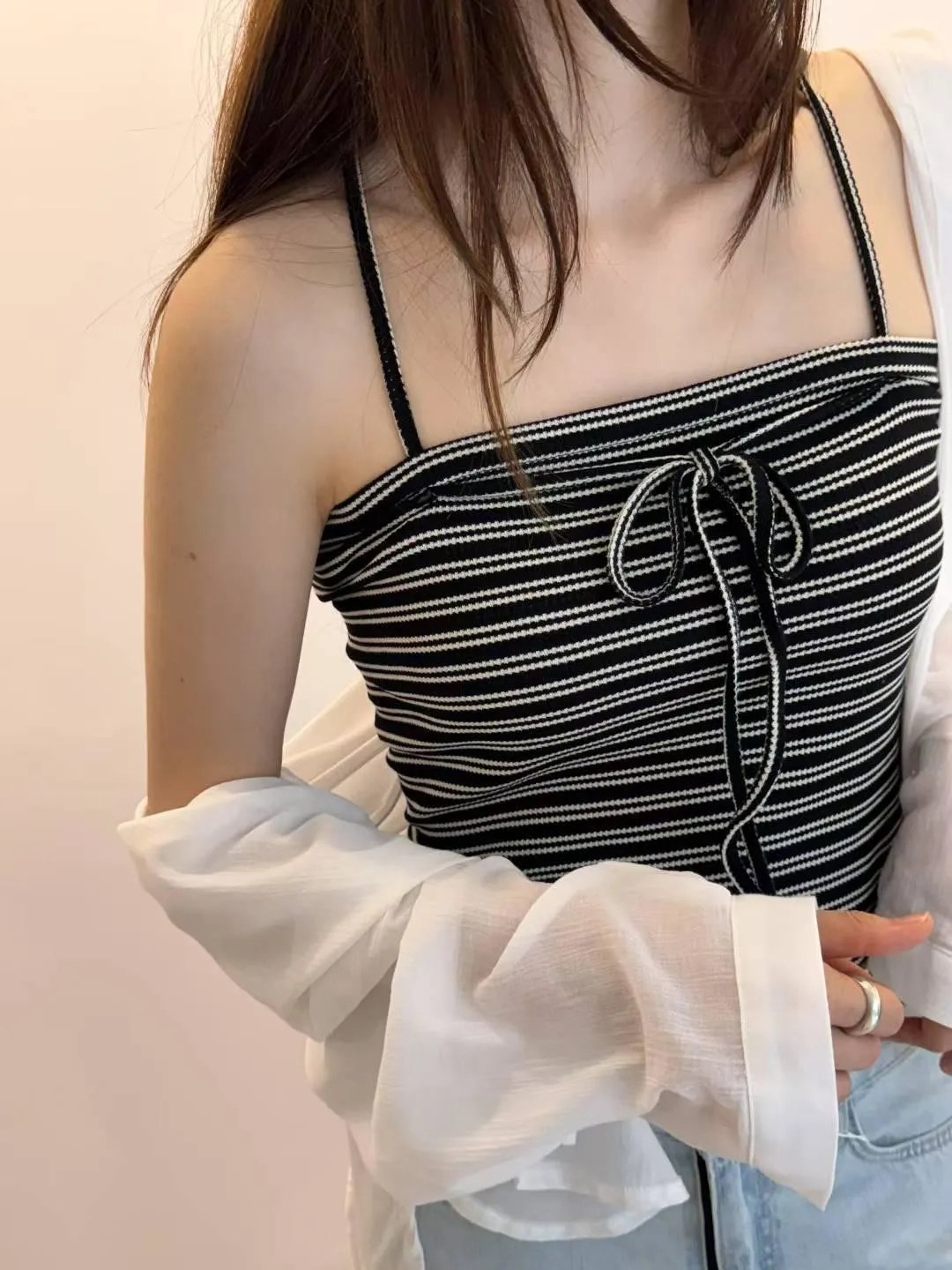 正韓褶皺條紋針織吊帶蝴蝶結層背心