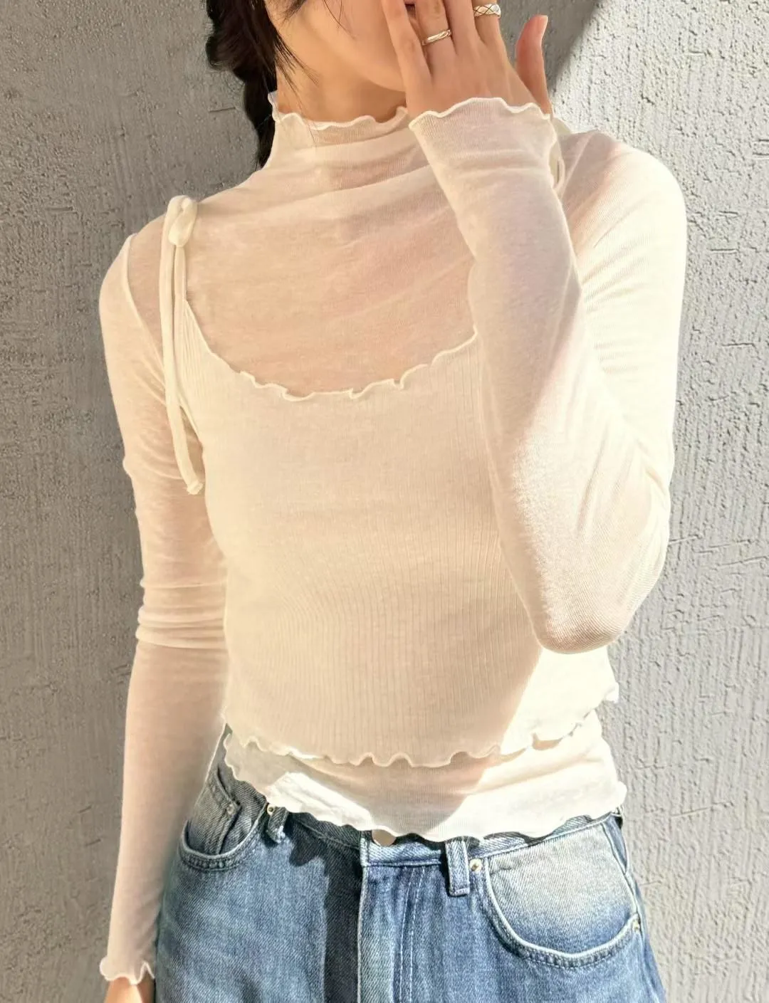 正韓荷葉邊螺紋蝴蝶結背心