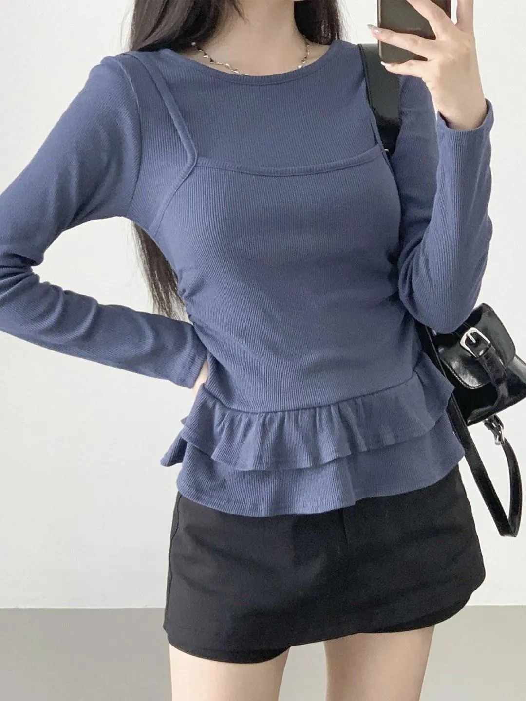 正韓假兩件波浪裙上衣