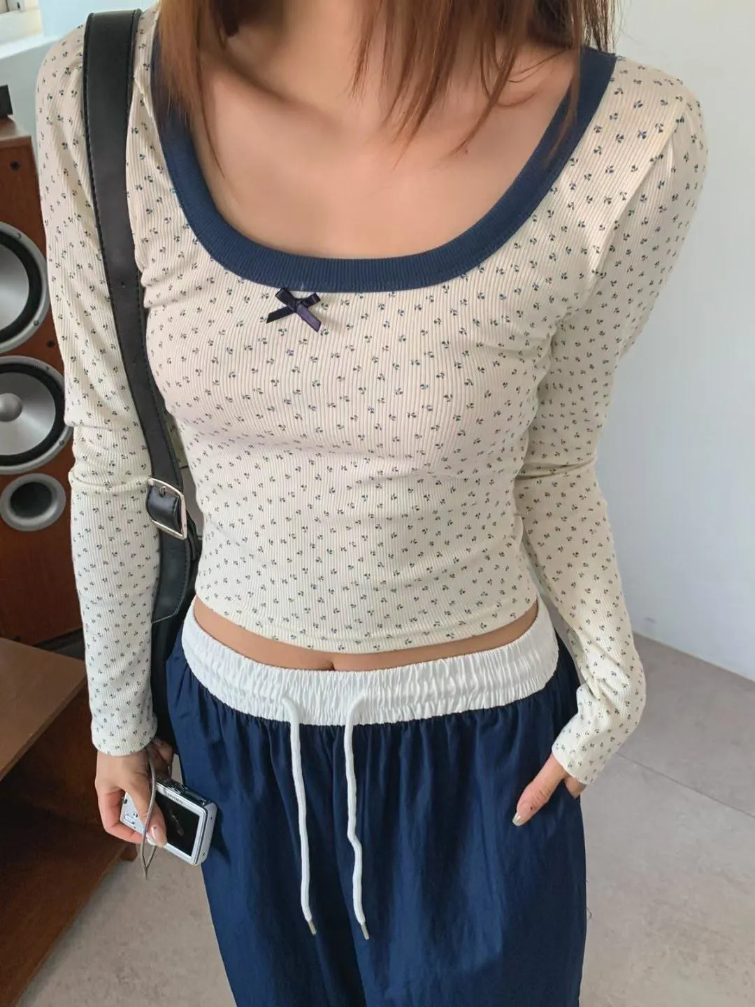 正韓雙拼小碎花修身上衣