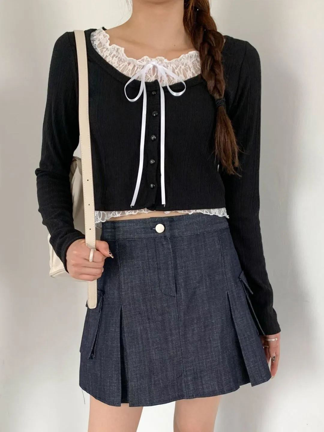 正韓蕾絲針織假兩件上衣