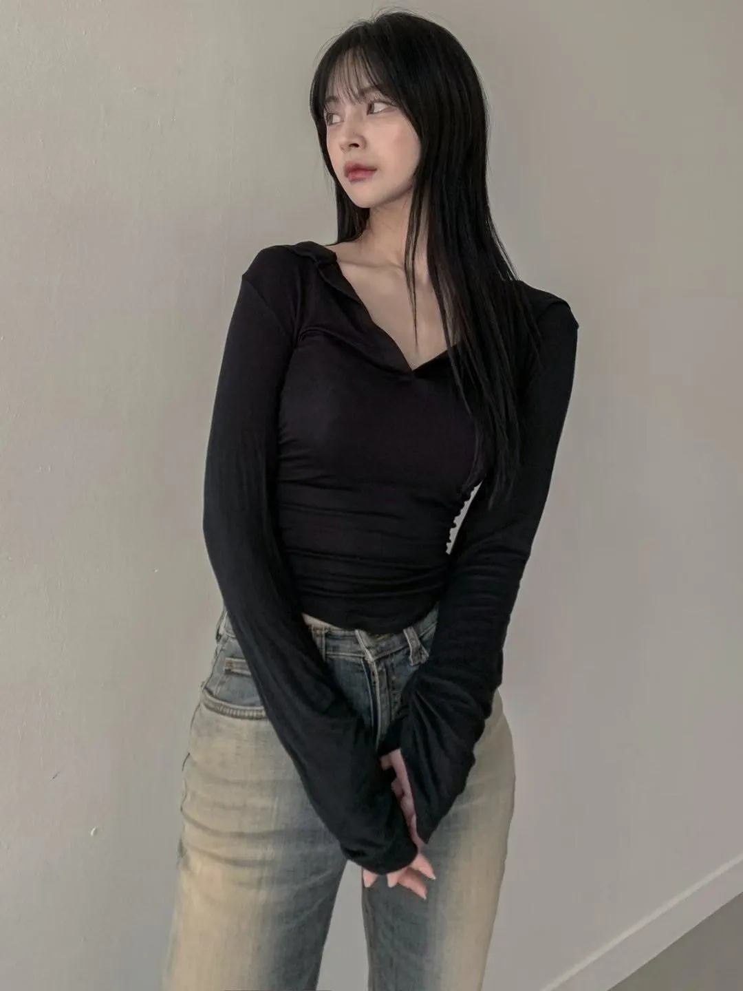 正韓側抓皺連帽超顯瘦上衣