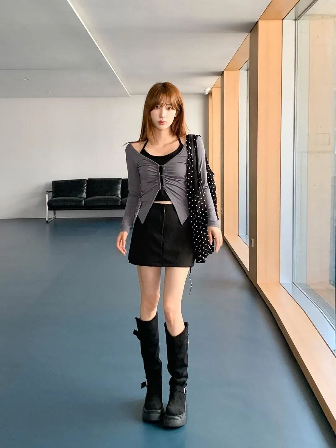 正韓假兩件Y2K掛脖褶皺上衣