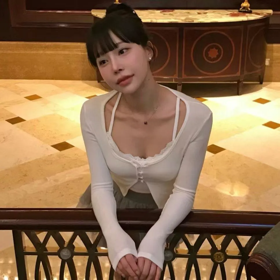 正韓貝貝蕾絲假兩件開衫