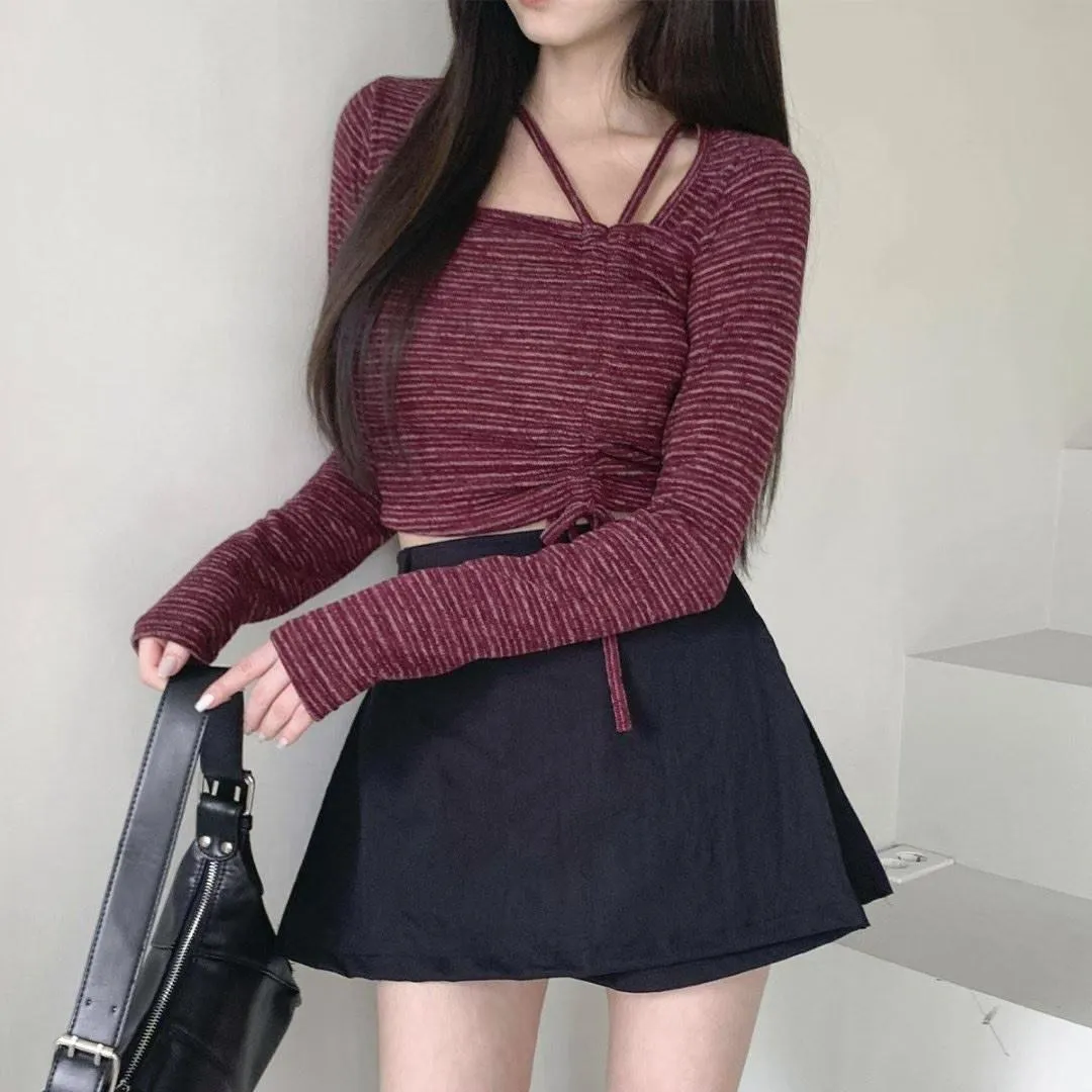 正韓綁帶伸縮不規則修身上衣