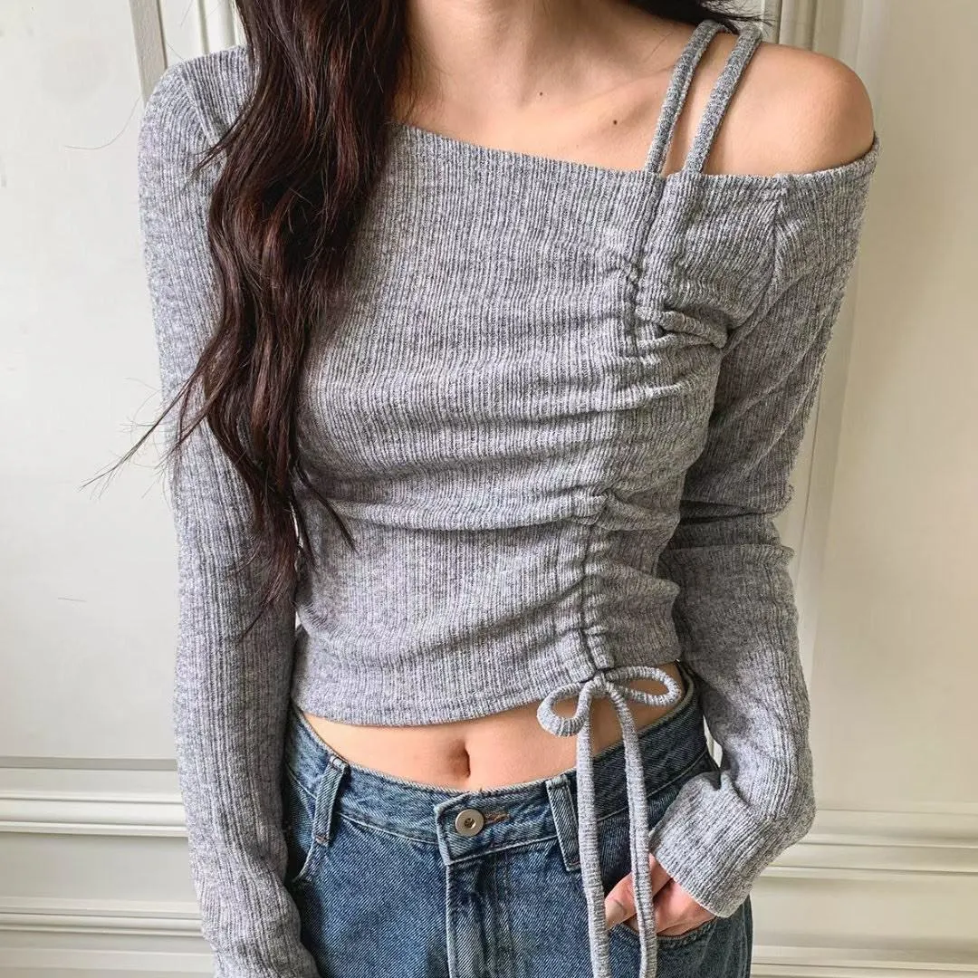 正韓露肩線條綁帶針織上衣