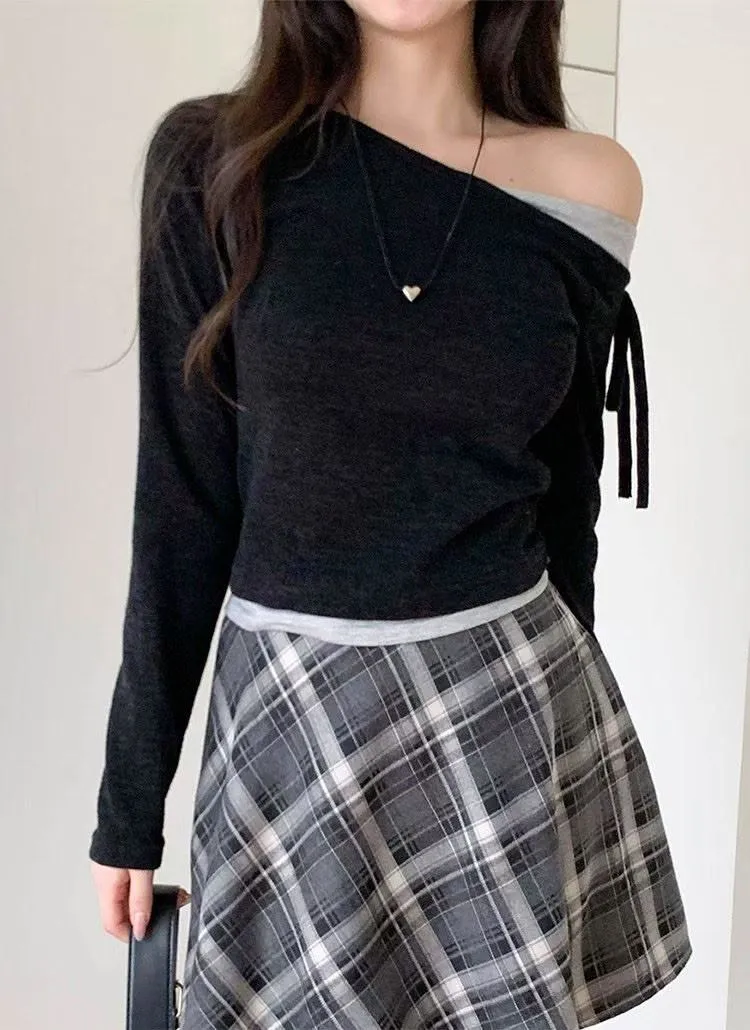 正韓拼色露肩上衣