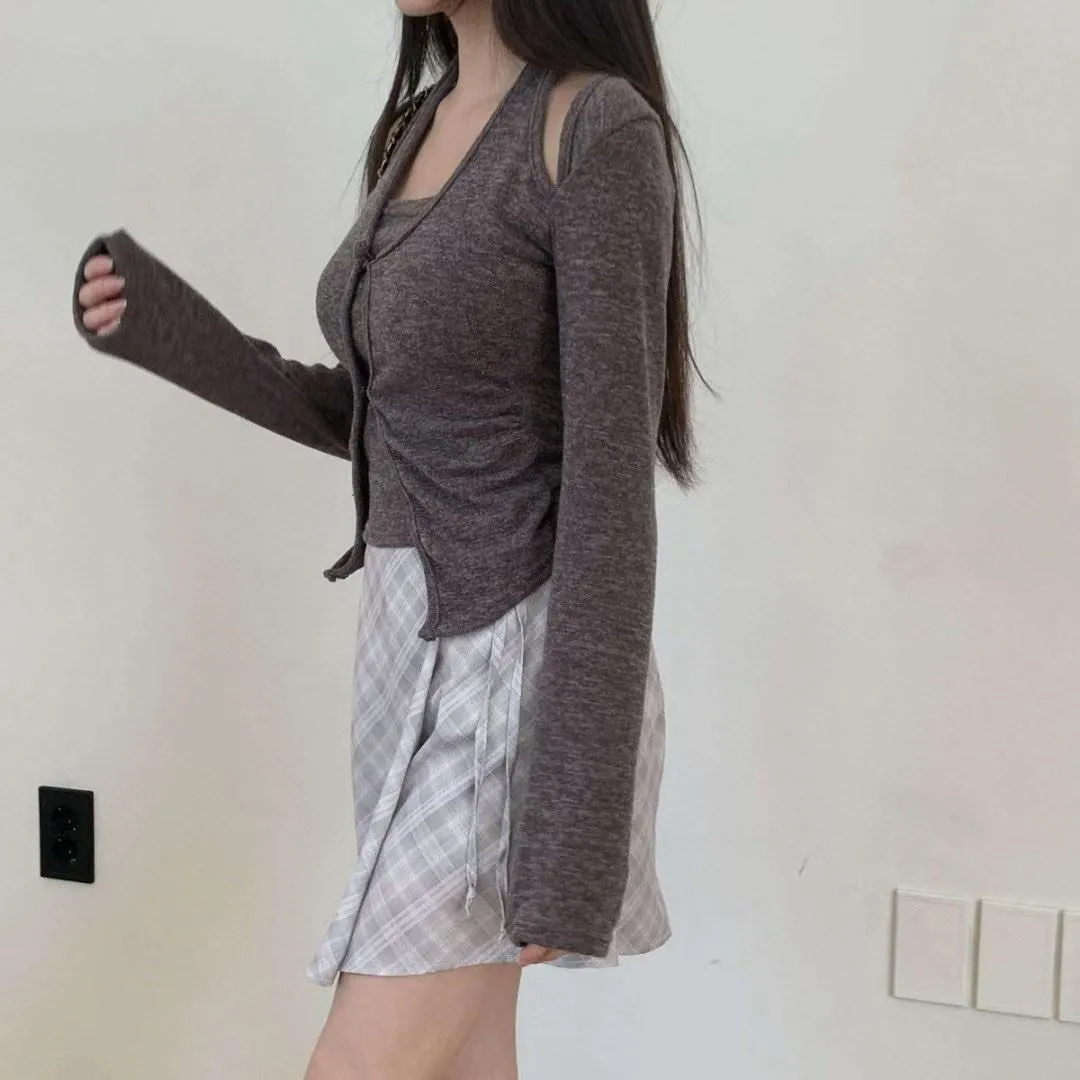 正韓掛脖針織鈕扣假兩件上衣