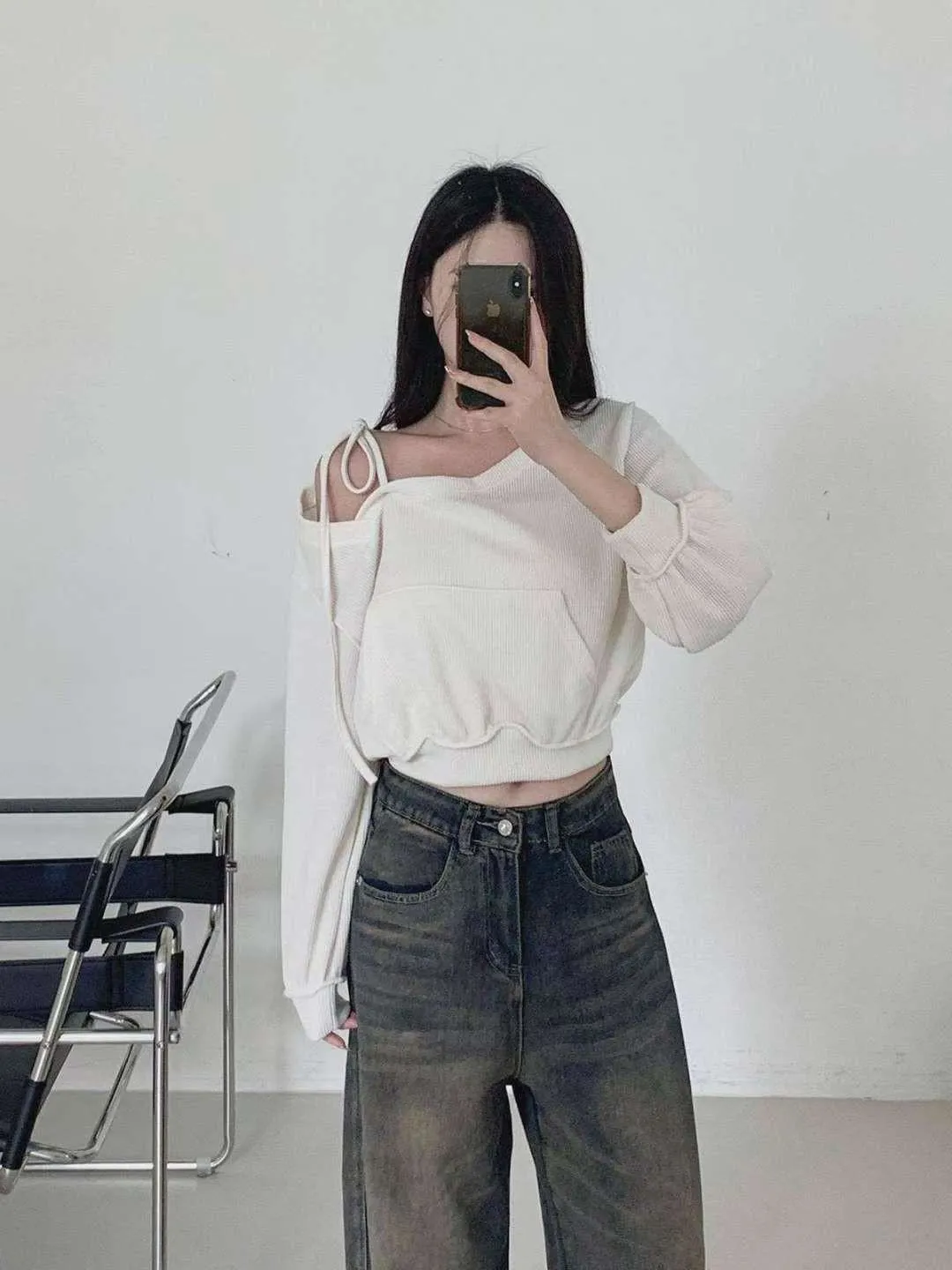 正韓露肩休閒大口袋上衣