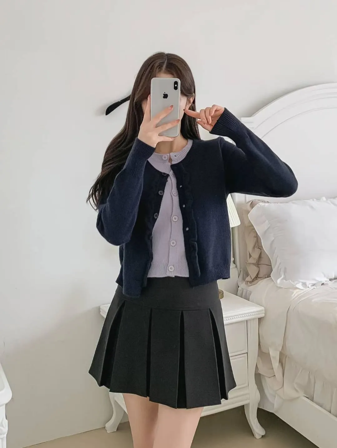 正韓假兩件木耳邊針織上衣