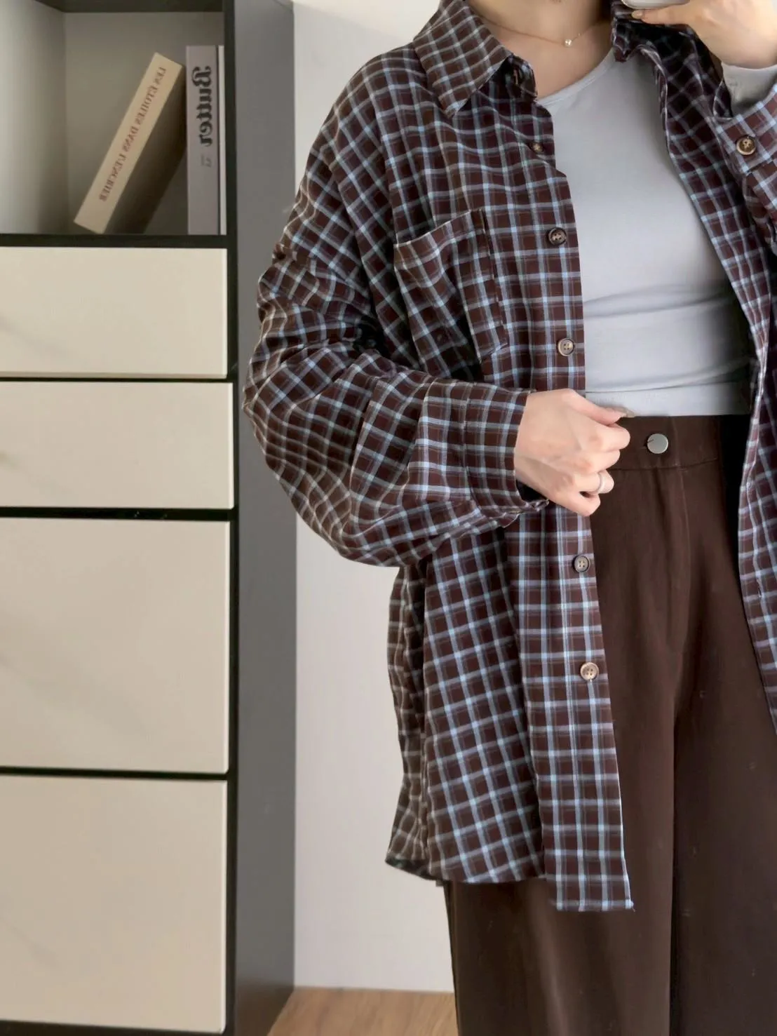 後抽繩雙色格子襯衫