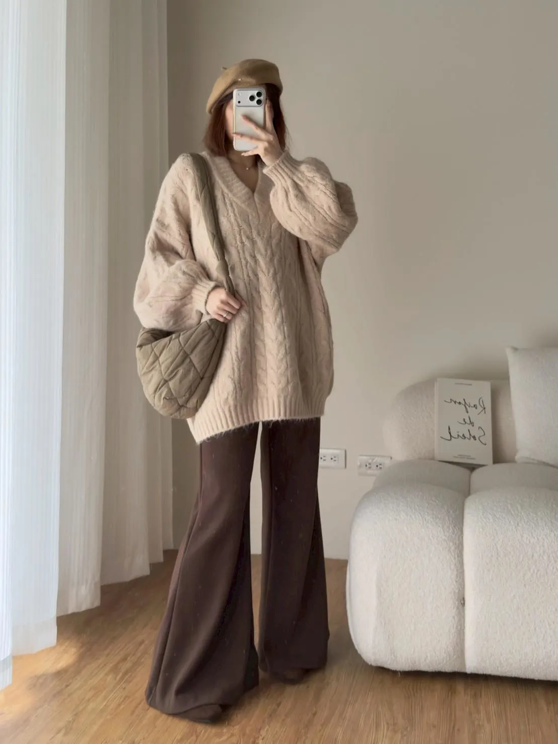 大版花苞袖V領麻花毛衣