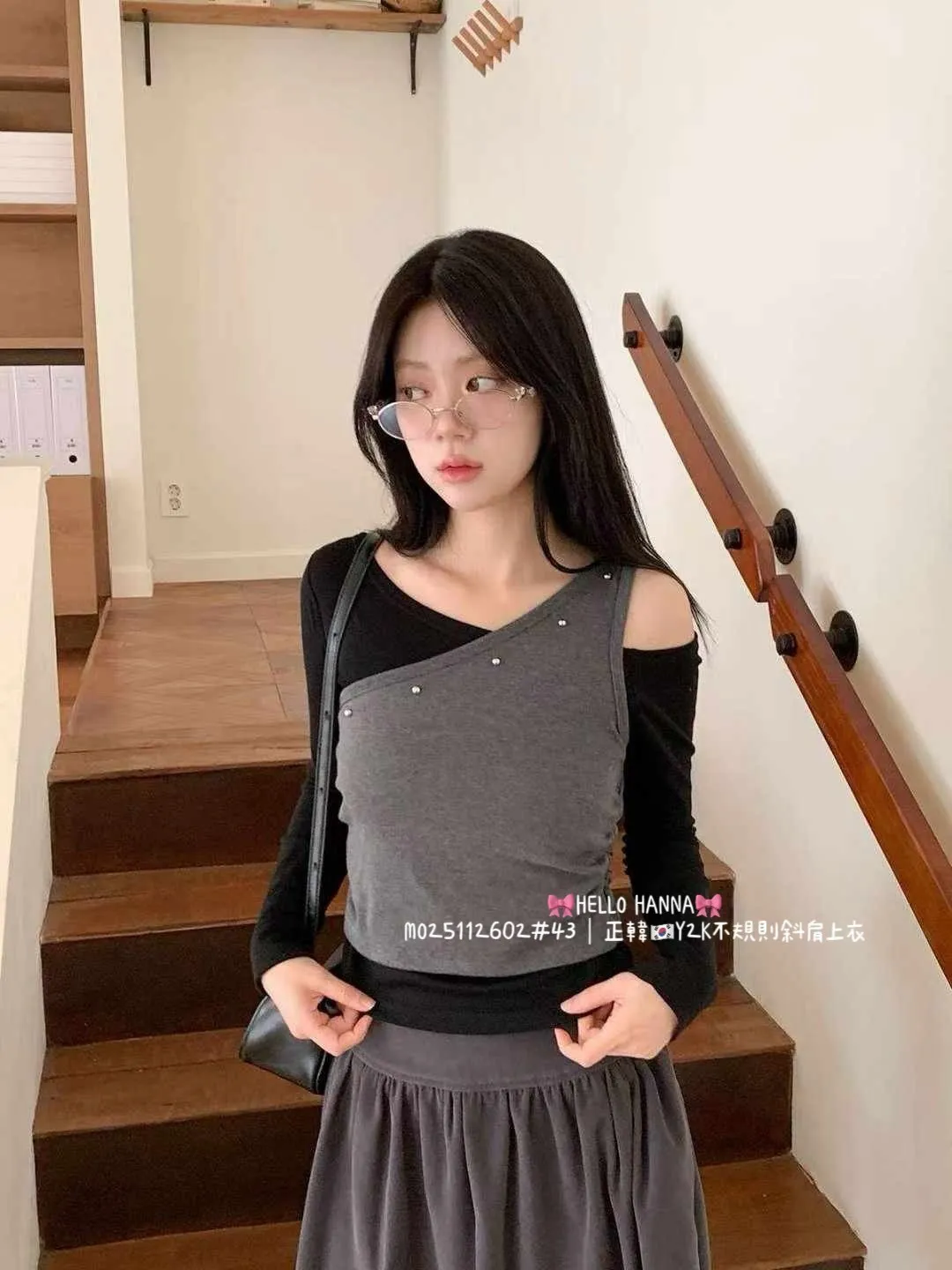 正韓Y2K不規則斜肩上衣