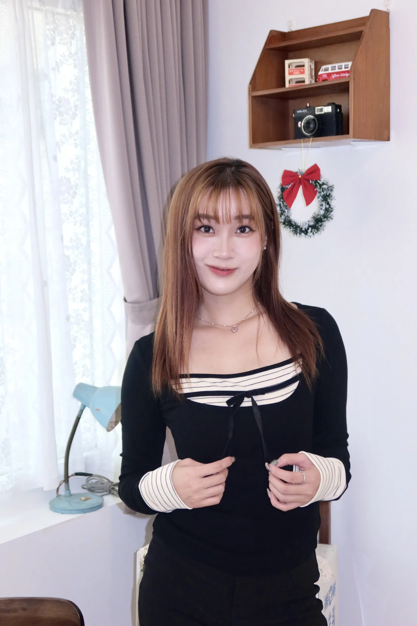 拼接撞色條紋加絨上衣