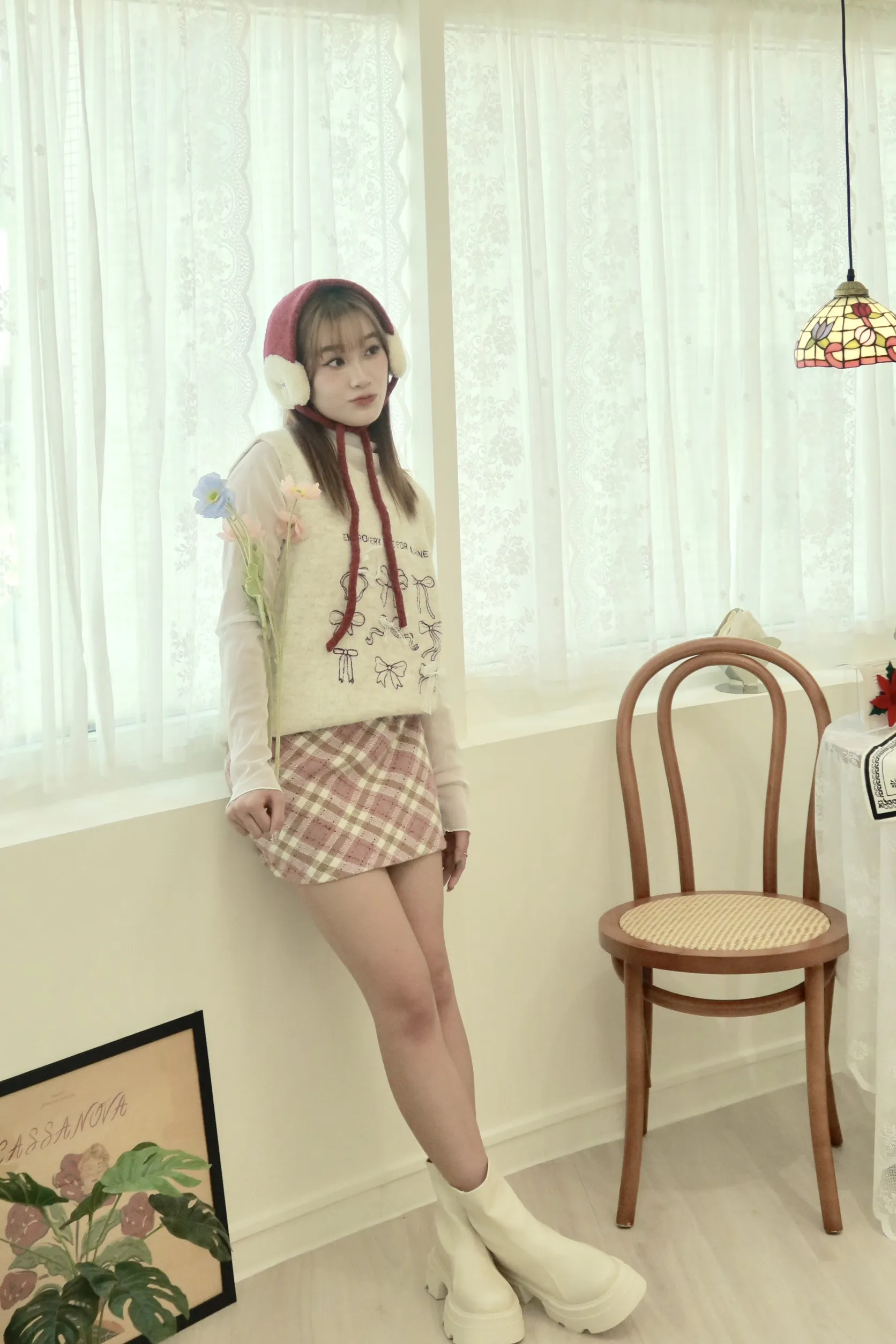 粉色甜辣毛呢格紋半身裙