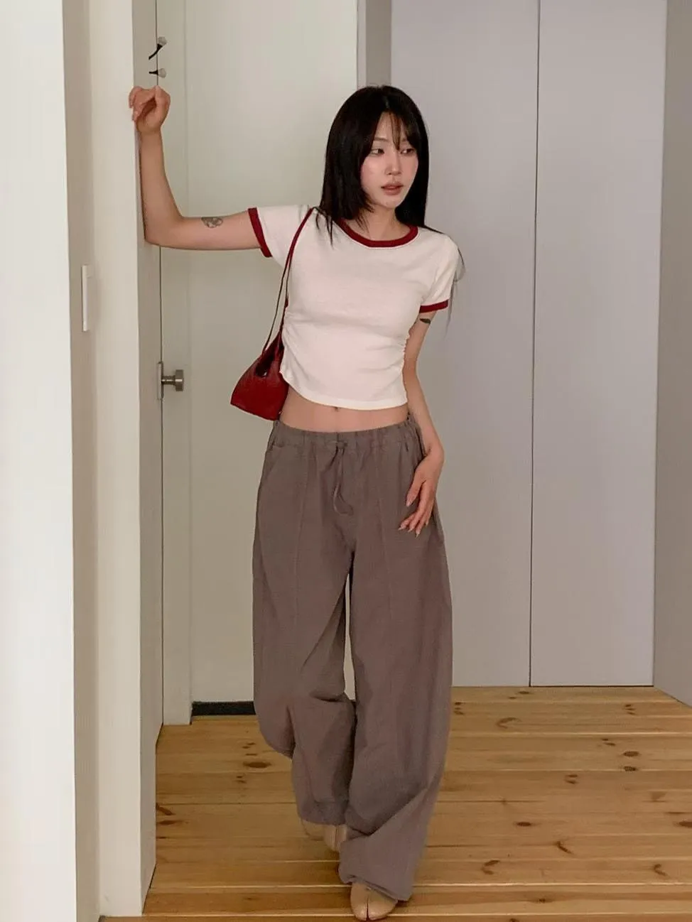正韓撞色條紋綁帶上衣