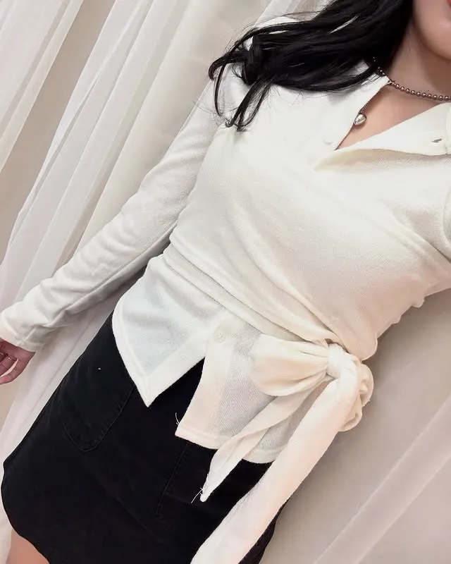 正韓裹身鈕扣緞帶長袖上衣