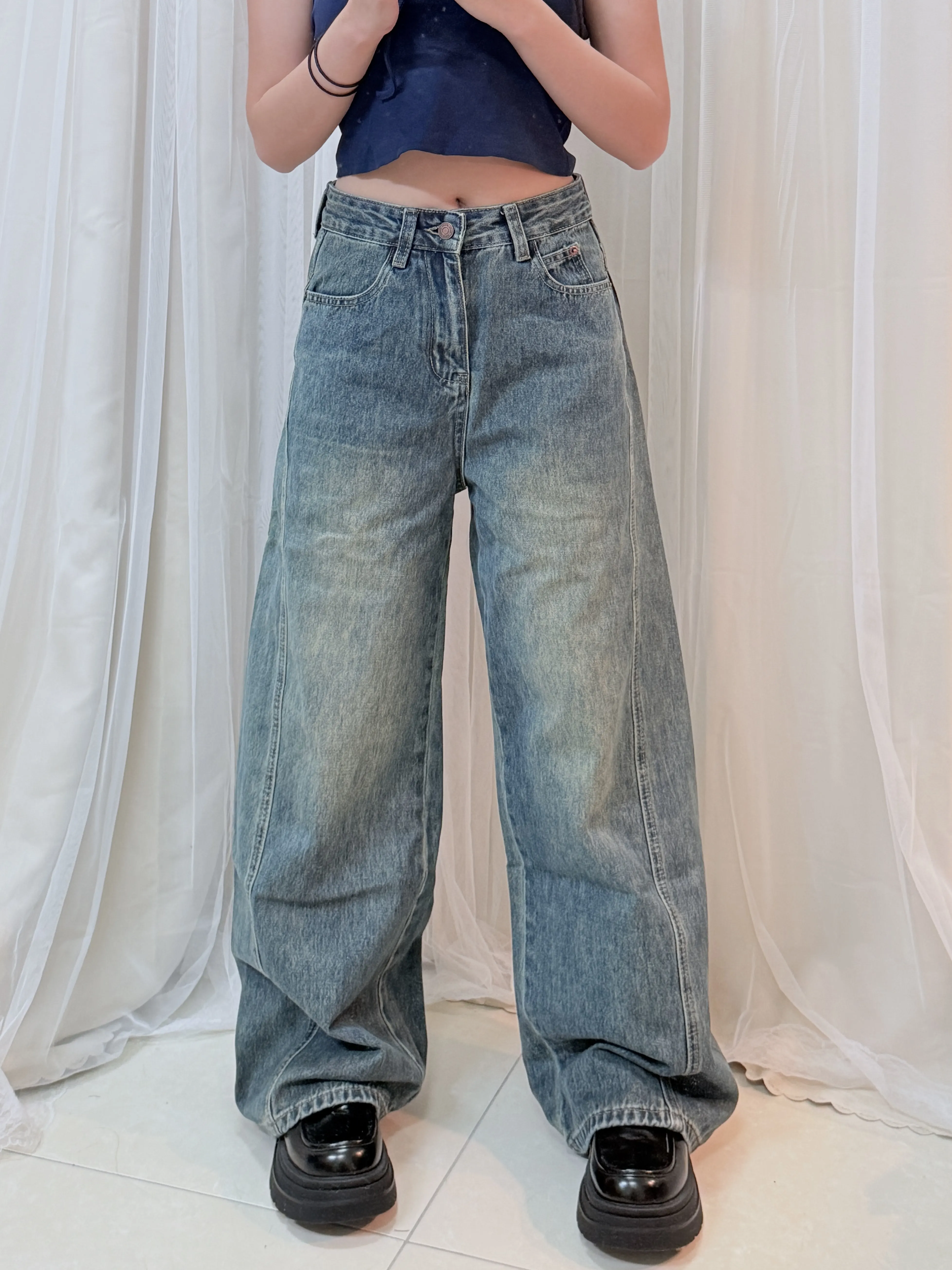 大腿藏匿術-顯瘦刷色高腰錐形寬褲