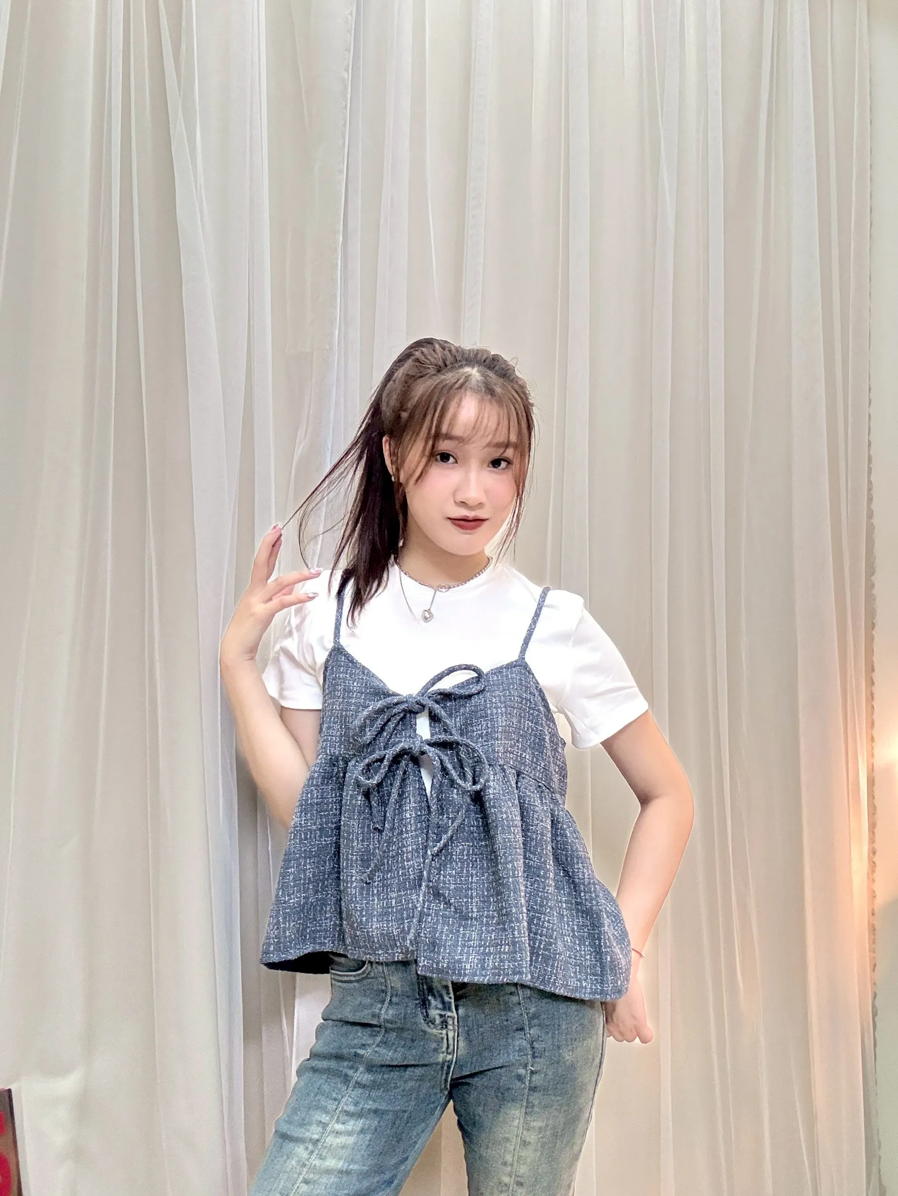 日系疊穿-細肩小香格紋雙綁帶背心