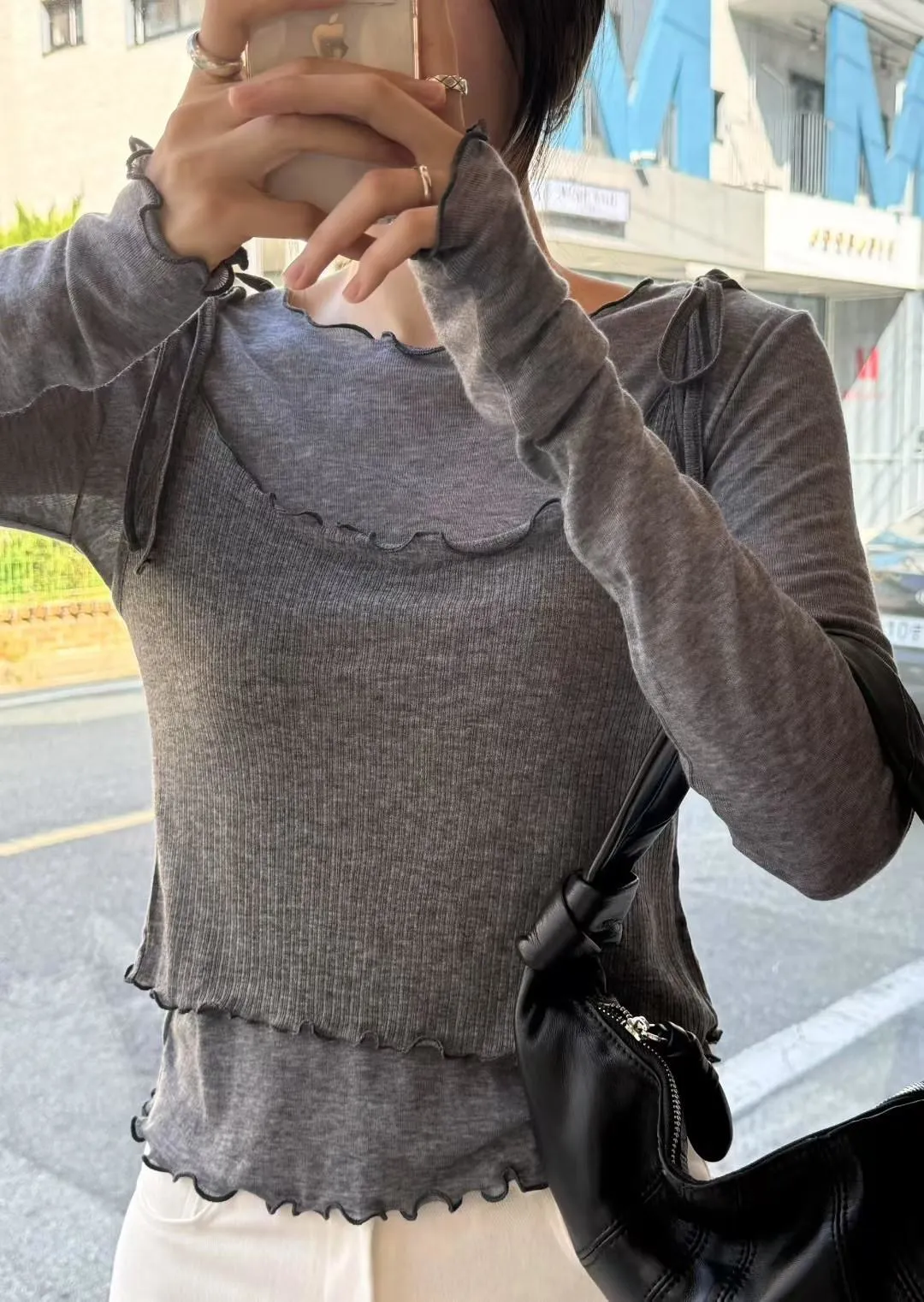 正韓荷葉邊螺紋蝴蝶結背心