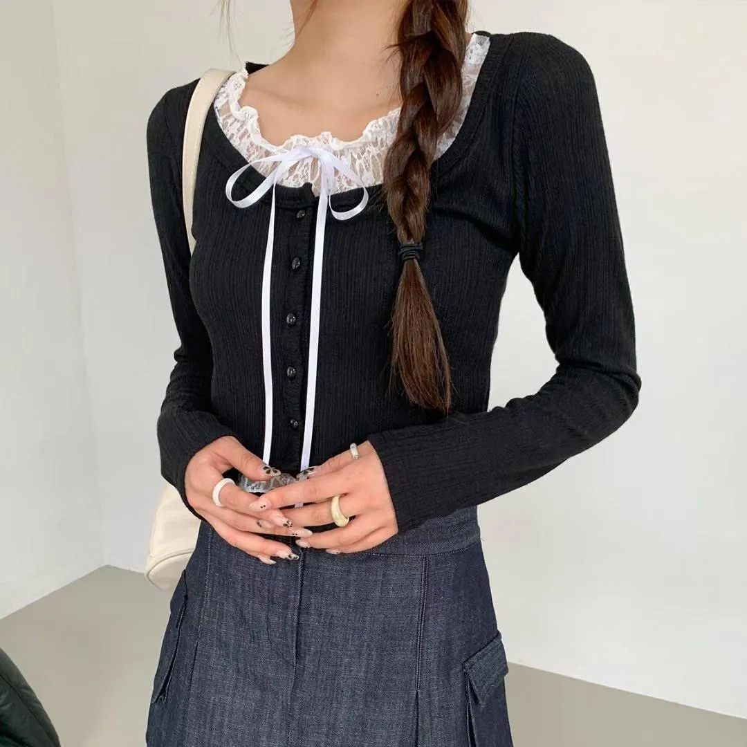 正韓蕾絲針織假兩件上衣