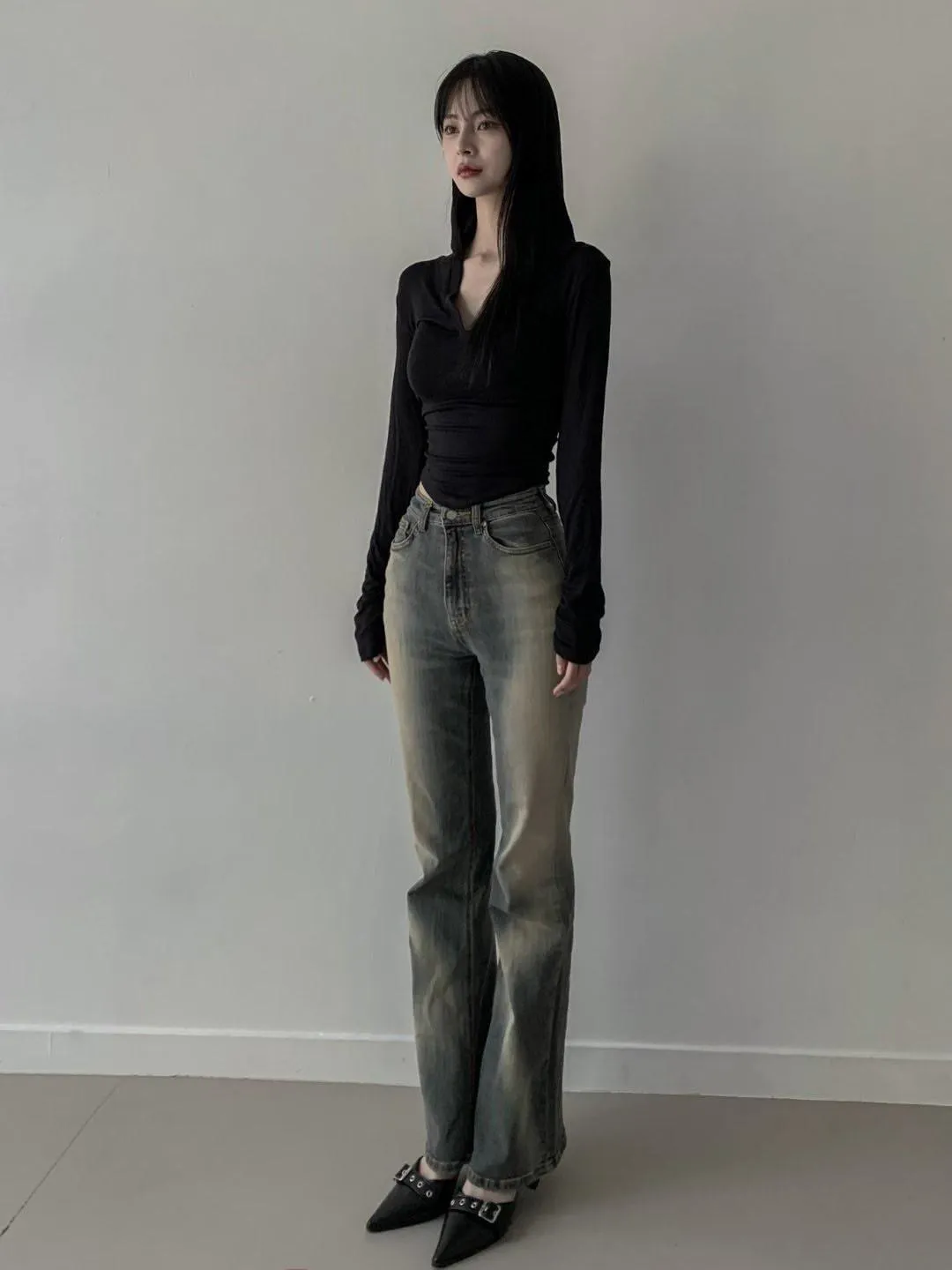 正韓側抓皺連帽超顯瘦上衣