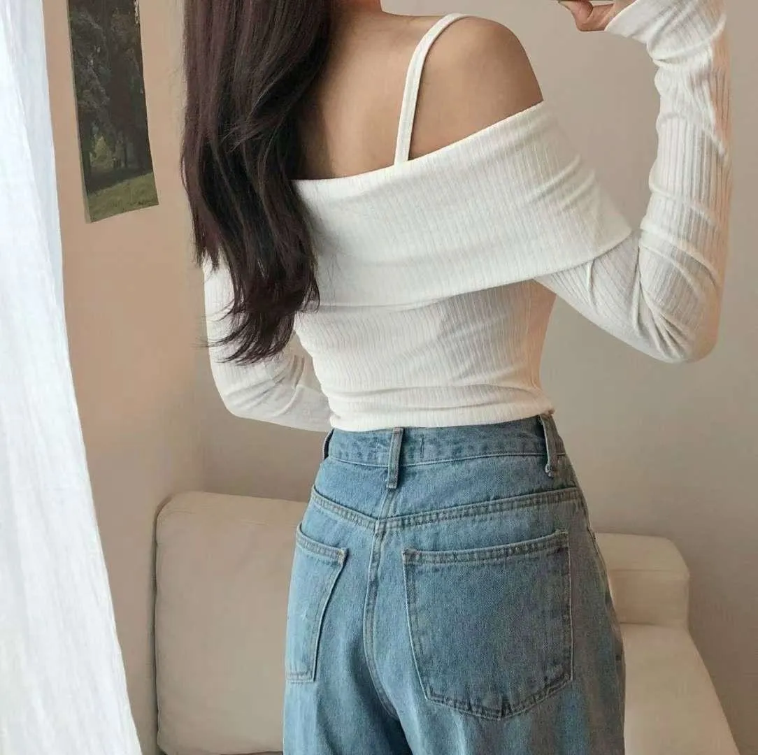 正韓翻領一字肩上衣