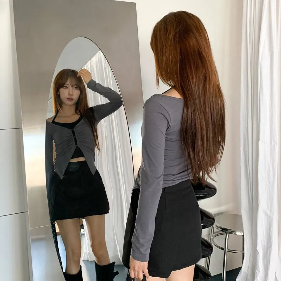 正韓假兩件Y2K掛脖褶皺上衣