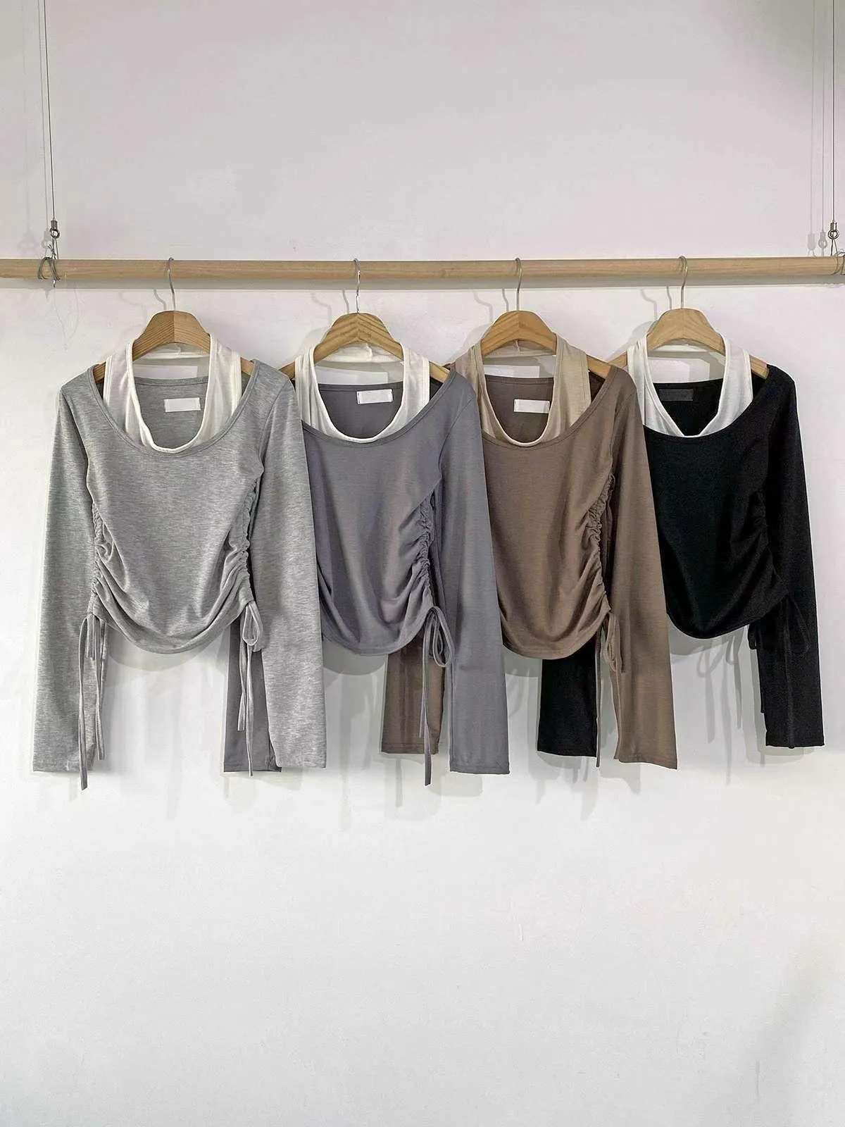 正韓假兩件側抓皺掛脖上衣