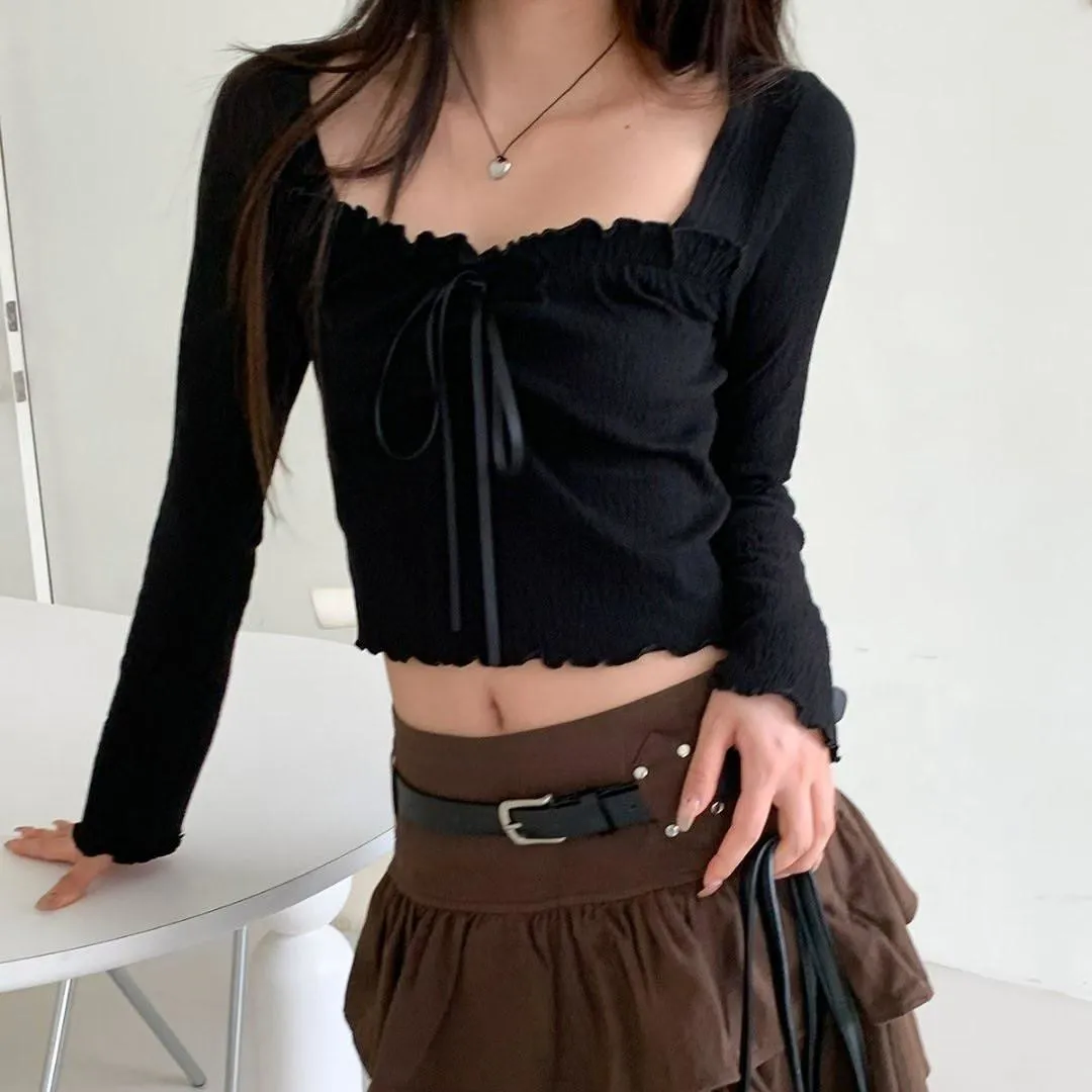 正韓修身木耳邊方領蝴蝶結上衣