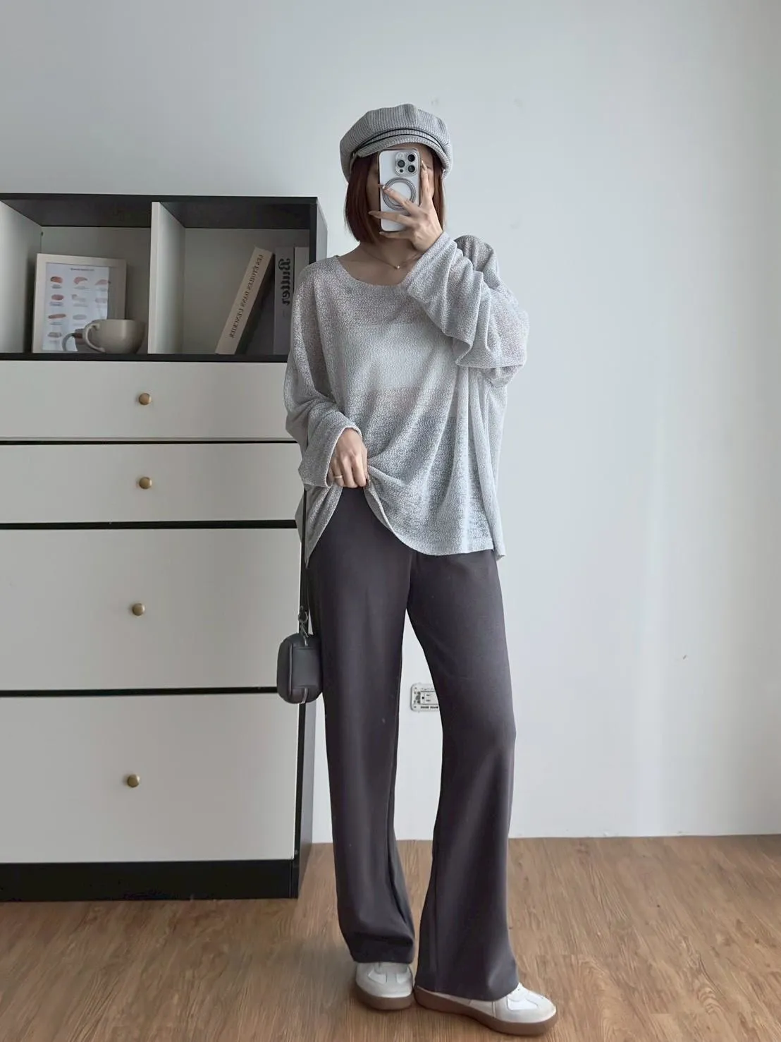 磨毛絨面拼接直腿寬褲（後口袋）