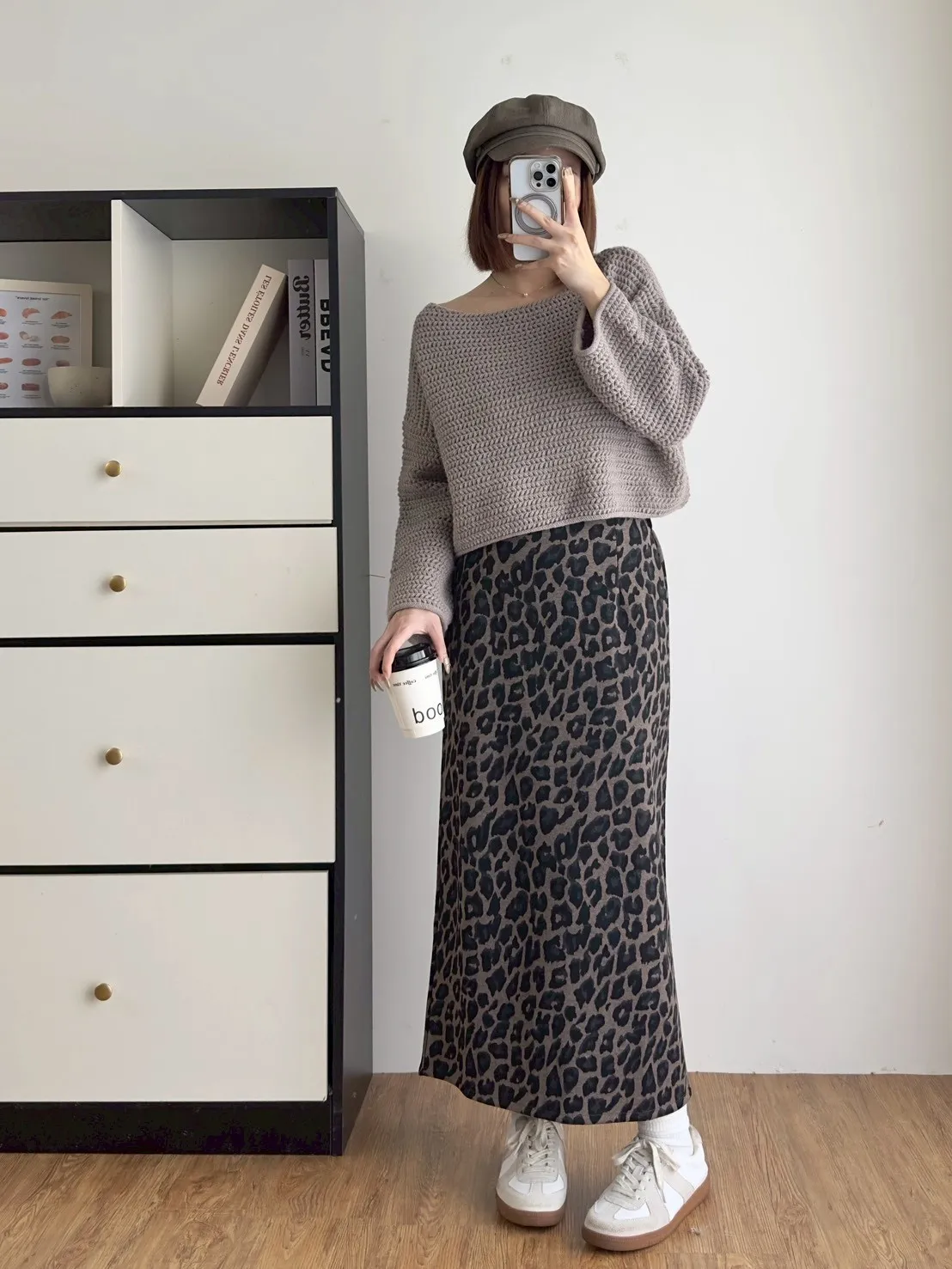 秋冬豹紋後開衩A字長裙