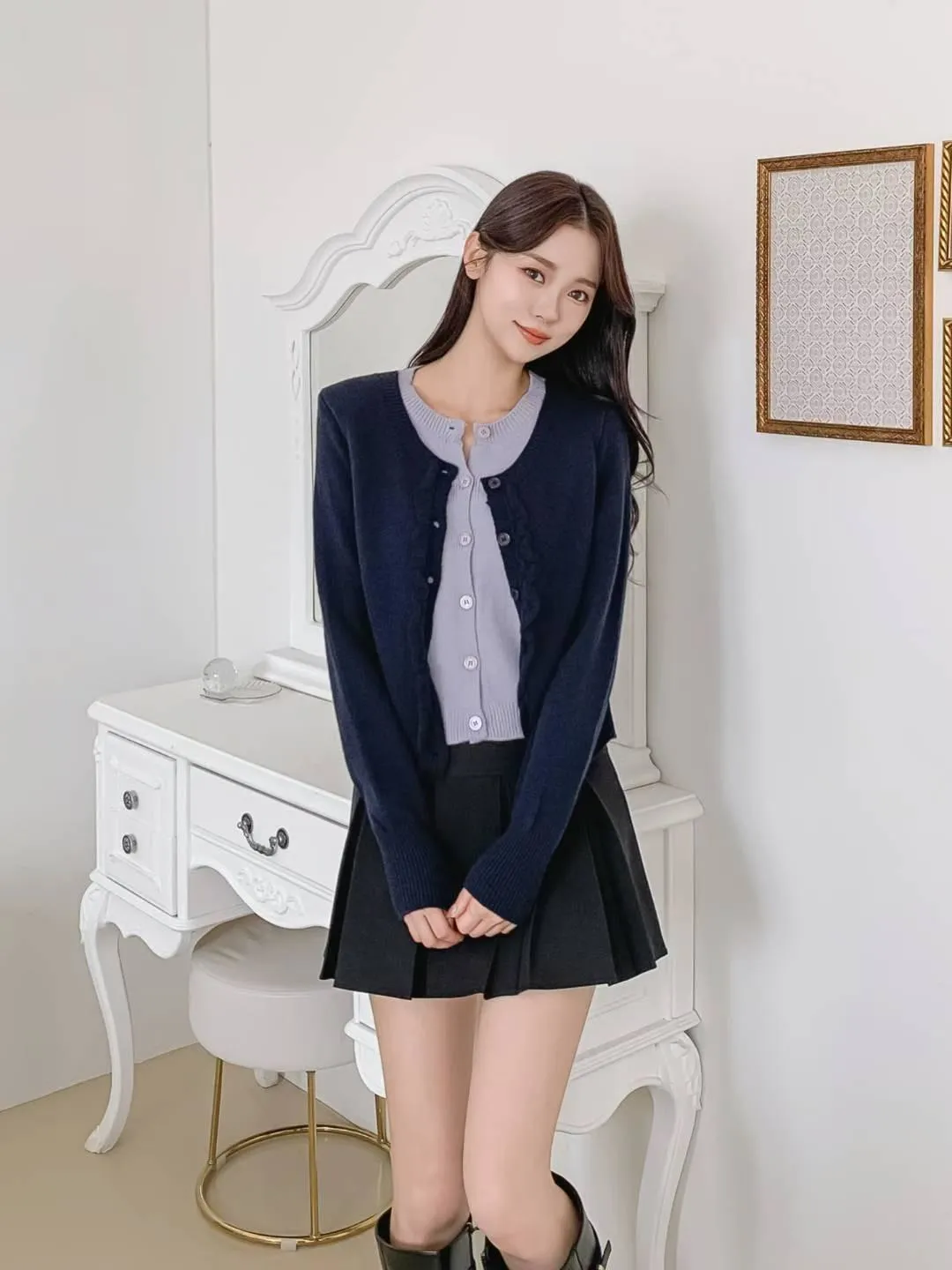 正韓假兩件木耳邊針織上衣