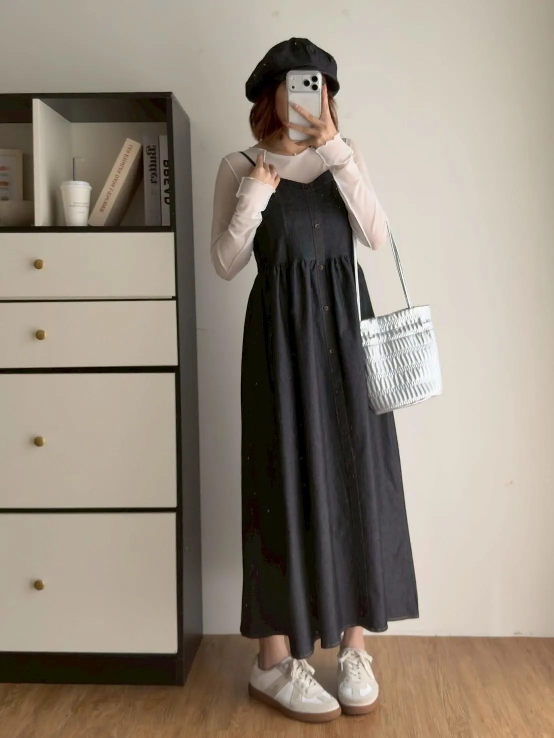 細肩排釦丹寧長洋