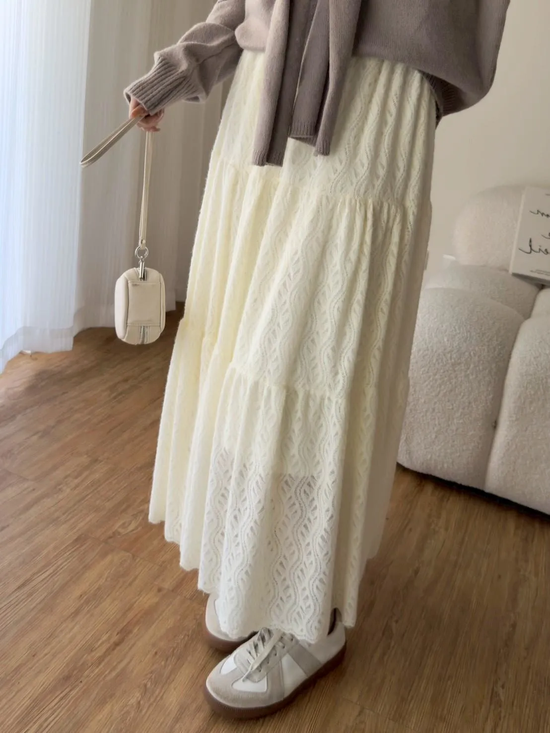 加絨蕾絲蛋糕長裙