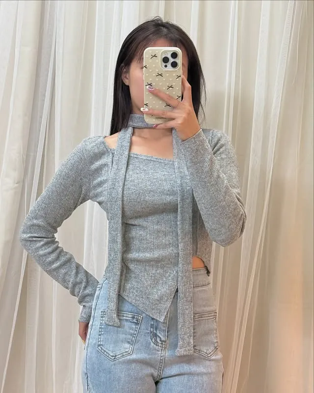 正韓氣質溫柔掛脖不規則下擺上衣