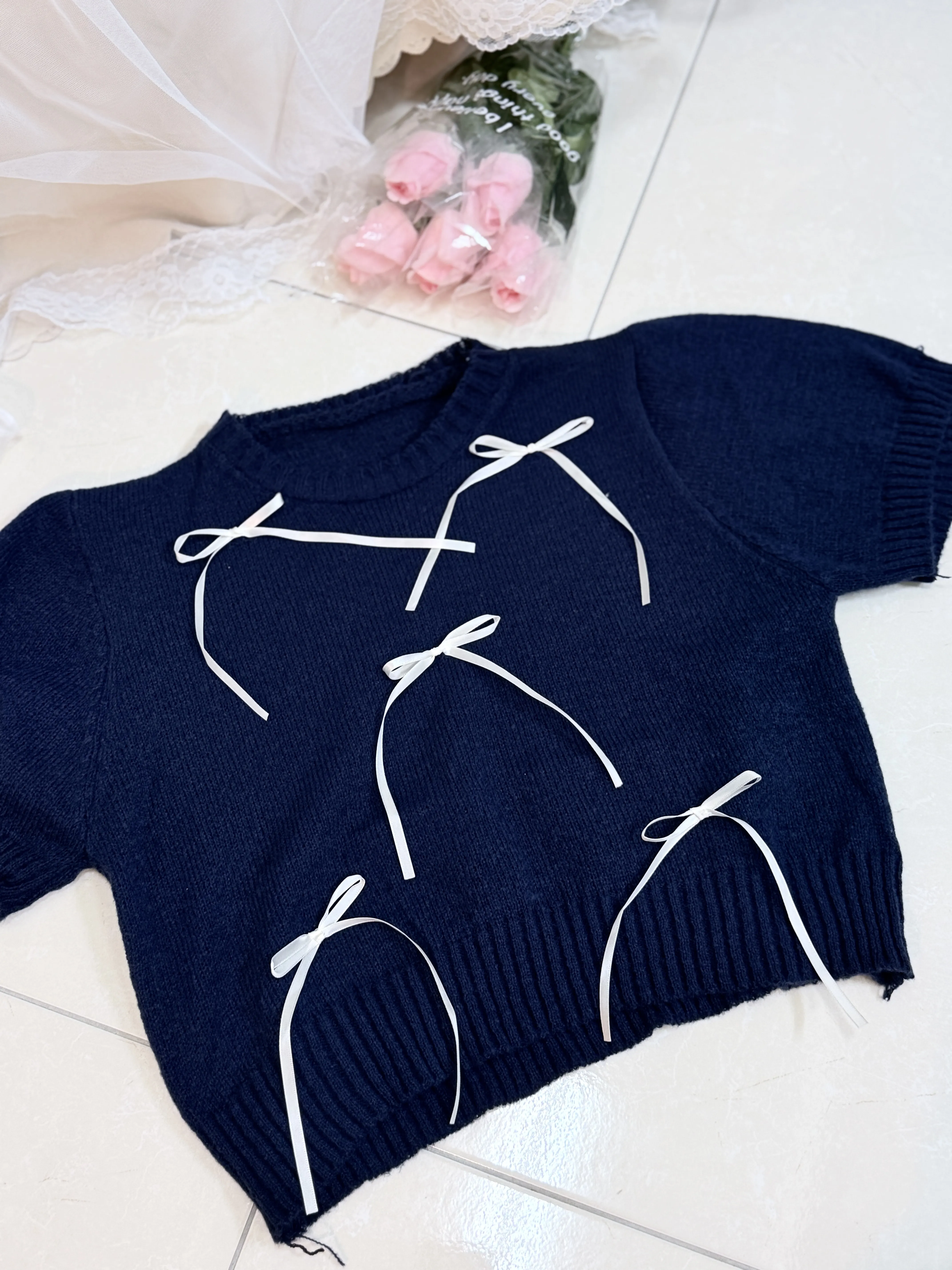 公主氣質-蝴蝶結甜美短款針織短袖上衣