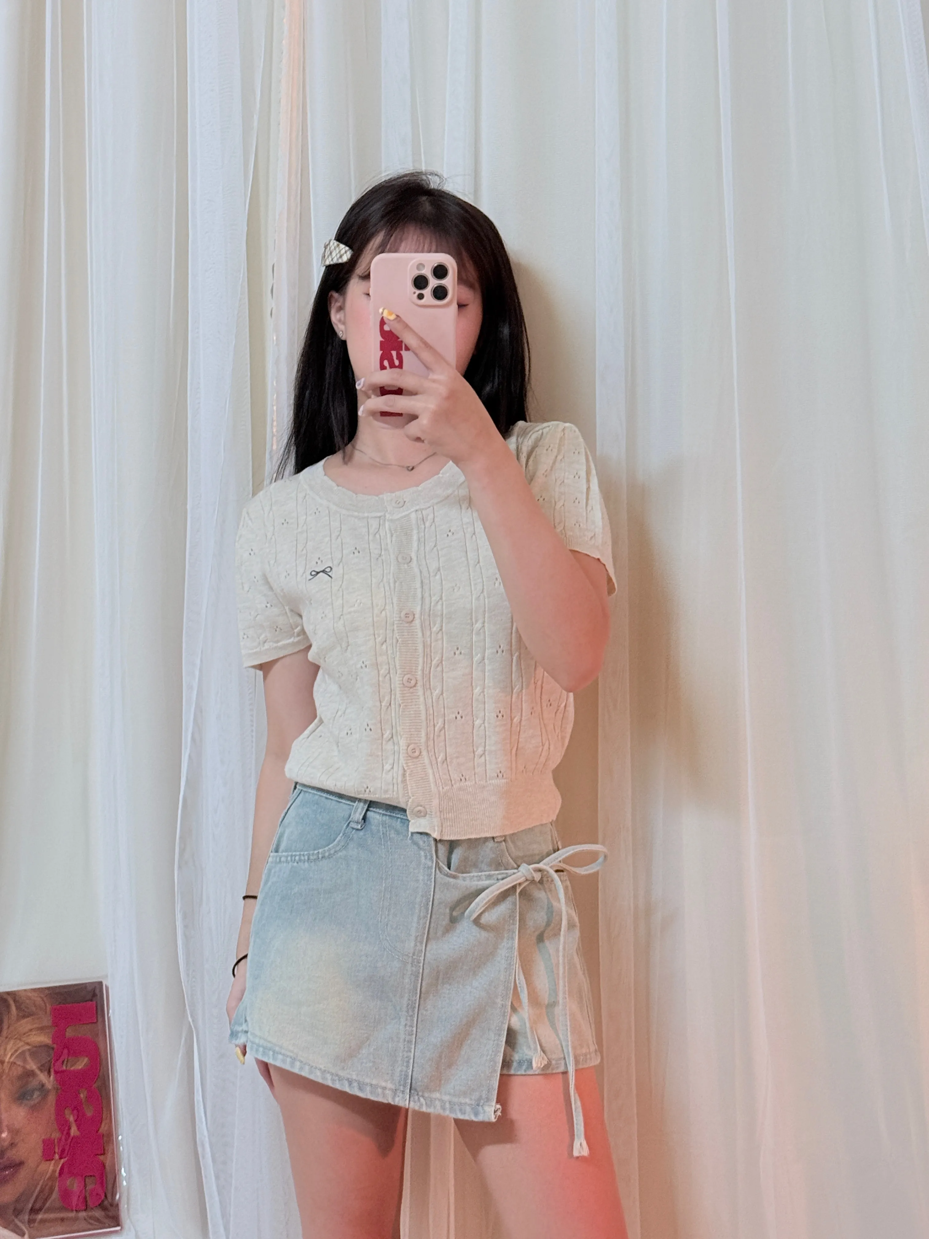 溫柔氣質-韓系鏤空針織蝴蝶結刺繡上衣