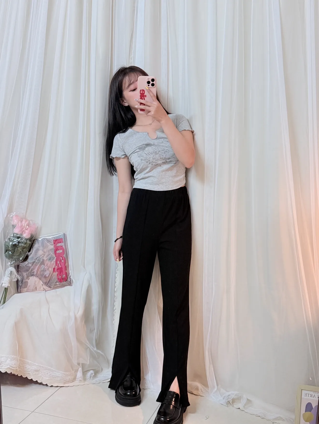 超級顯瘦-開衩微喇叭長褲