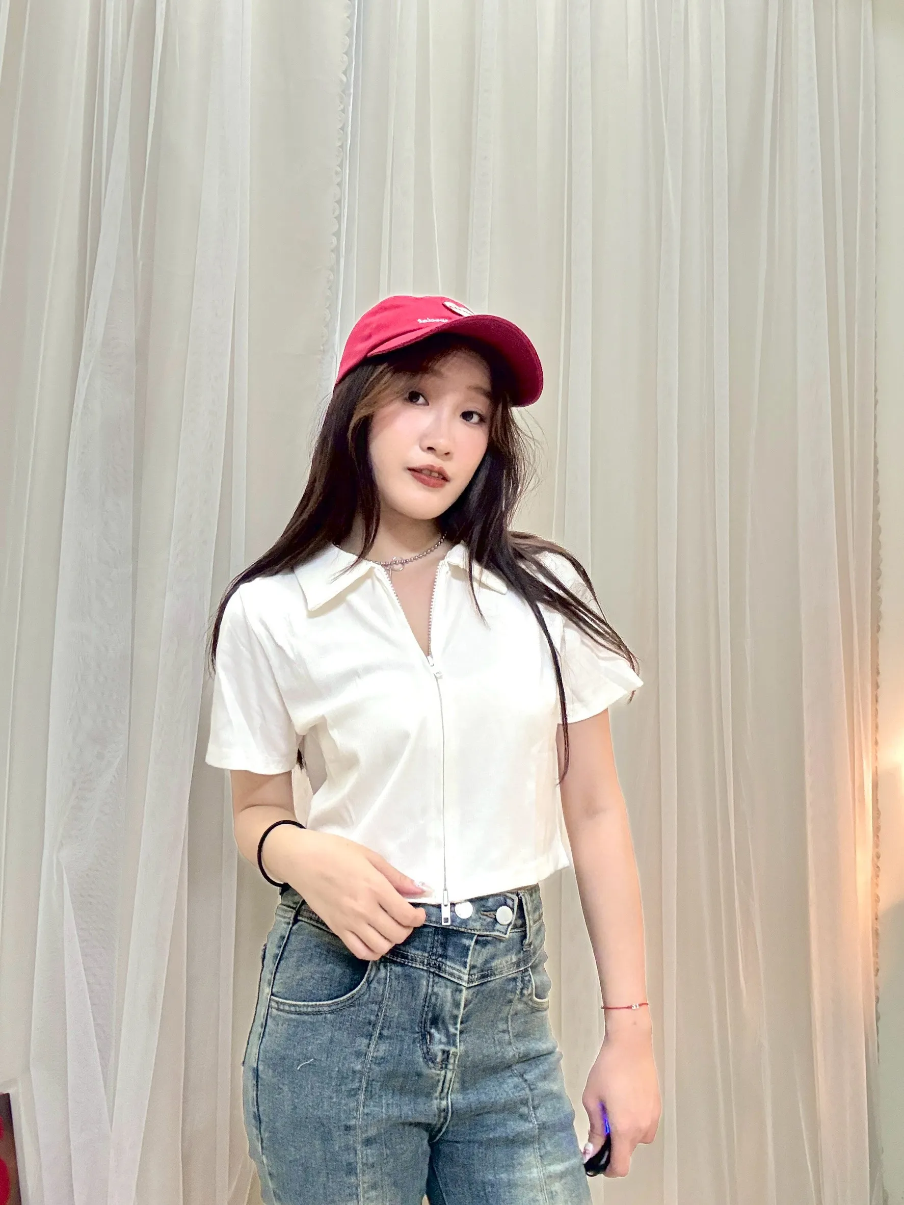 韓系穿搭-翻領雙拉鍊涼感短袖上衣