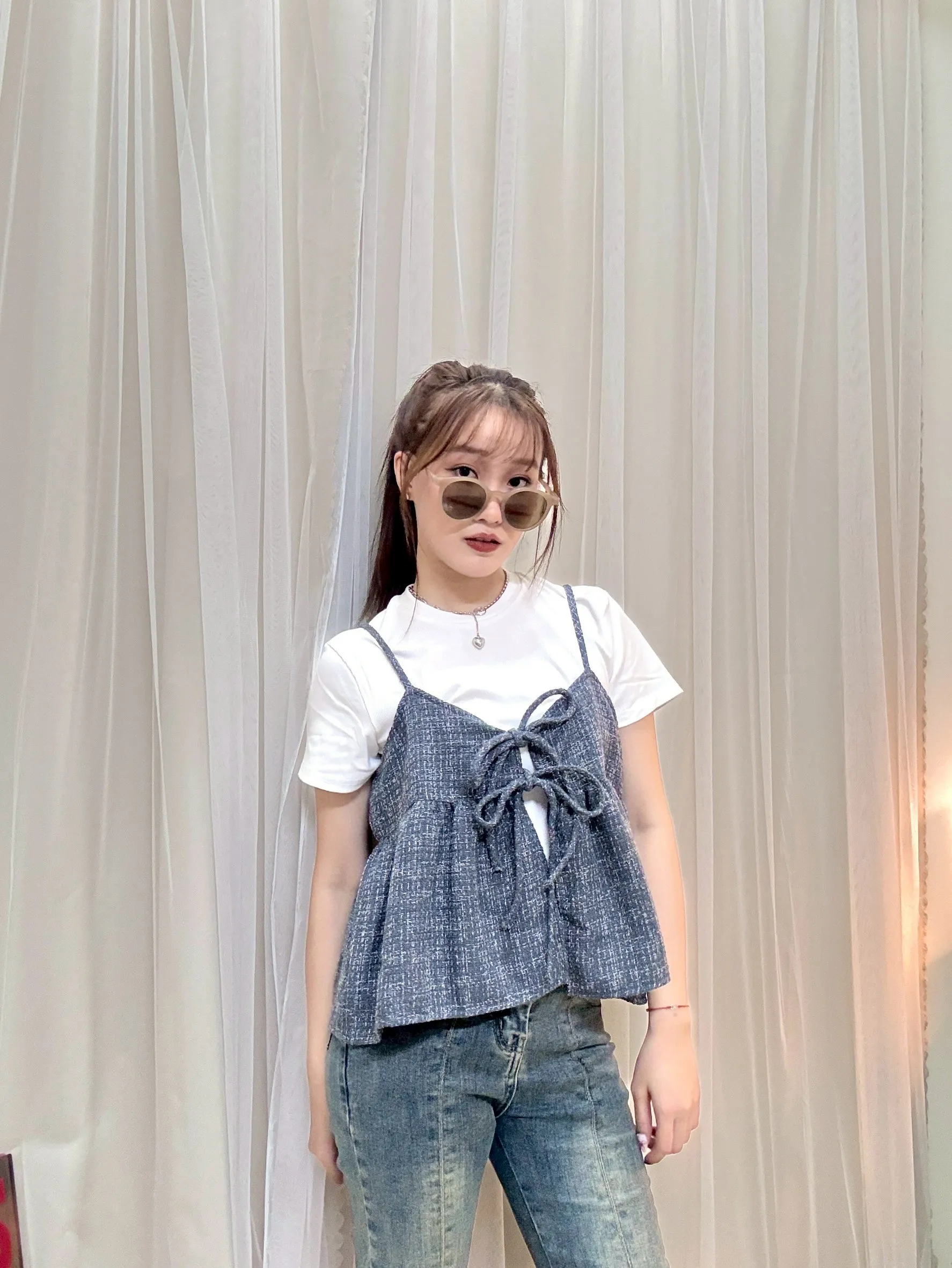 日系疊穿-細肩小香格紋雙綁帶背心