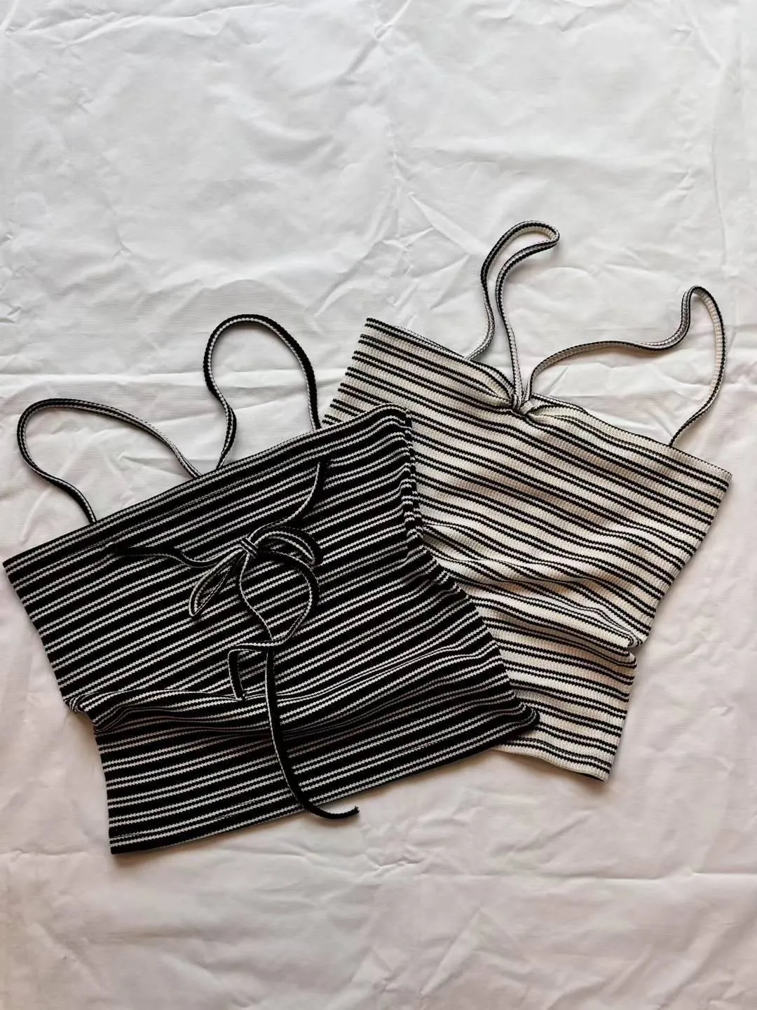 正韓褶皺條紋針織吊帶蝴蝶結層背心