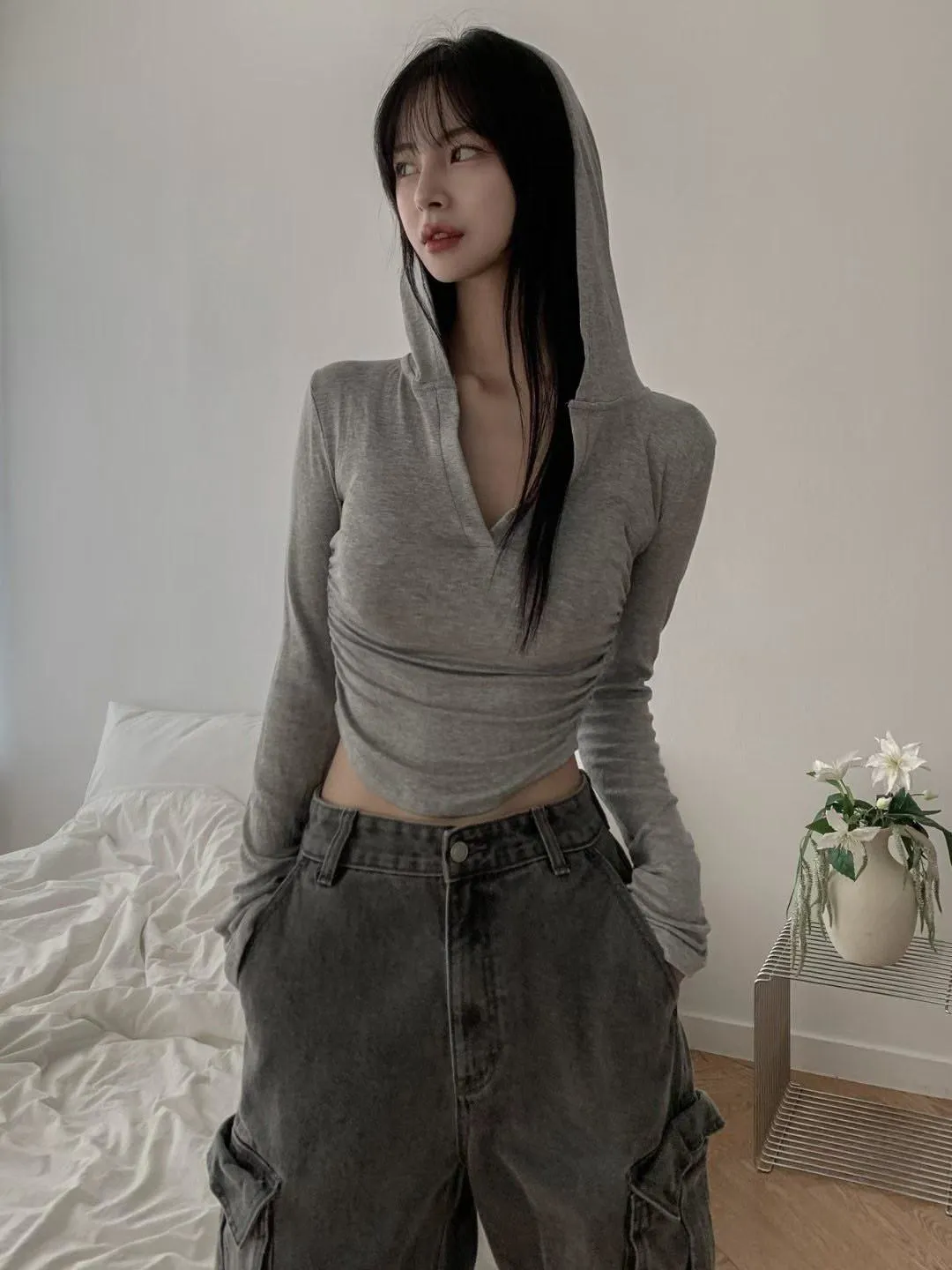 正韓側抓皺連帽超顯瘦上衣
